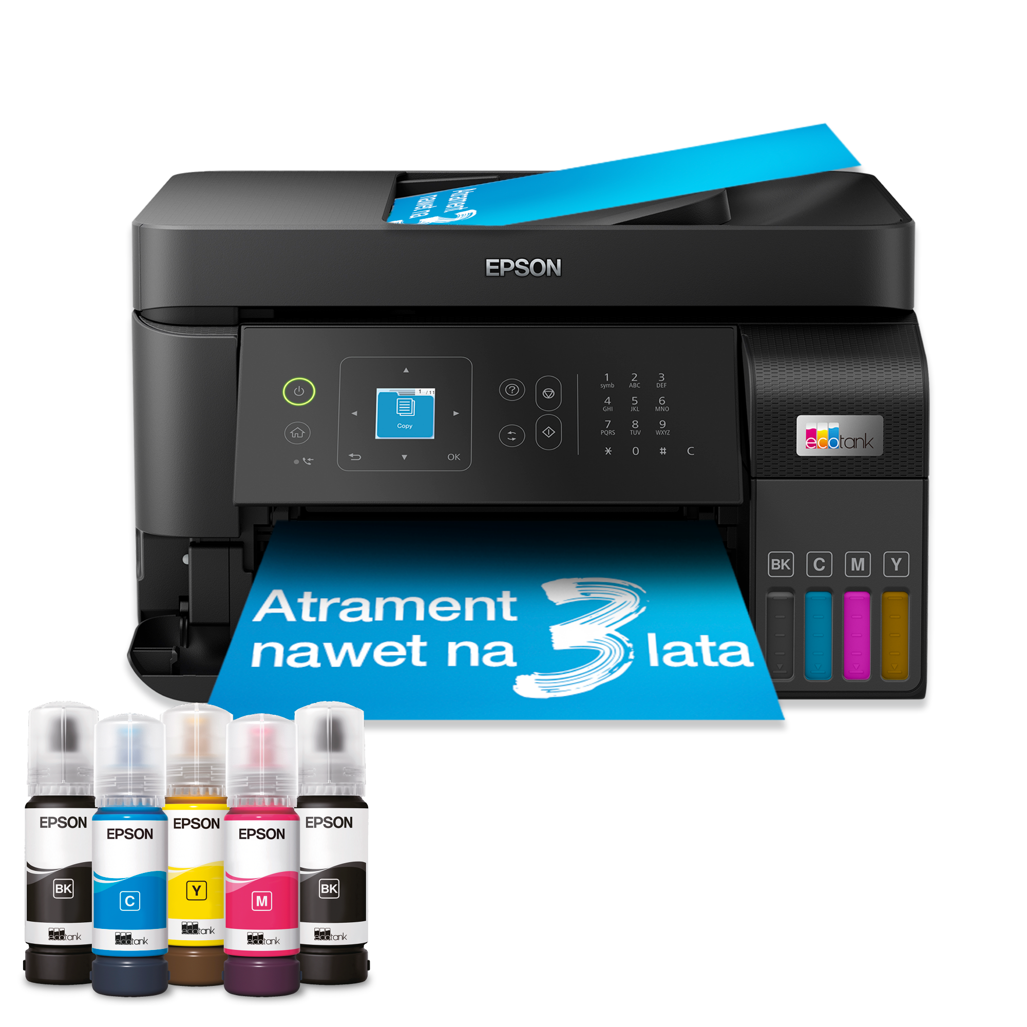 Wielofunkcyjna drukarka A4 EcoTank L5590 z Wi-Fi i stałym zasilaniem w atrament w zestawie oraz butelkami z atramentem nawet na 3 lata drukowania[g2][/g2]