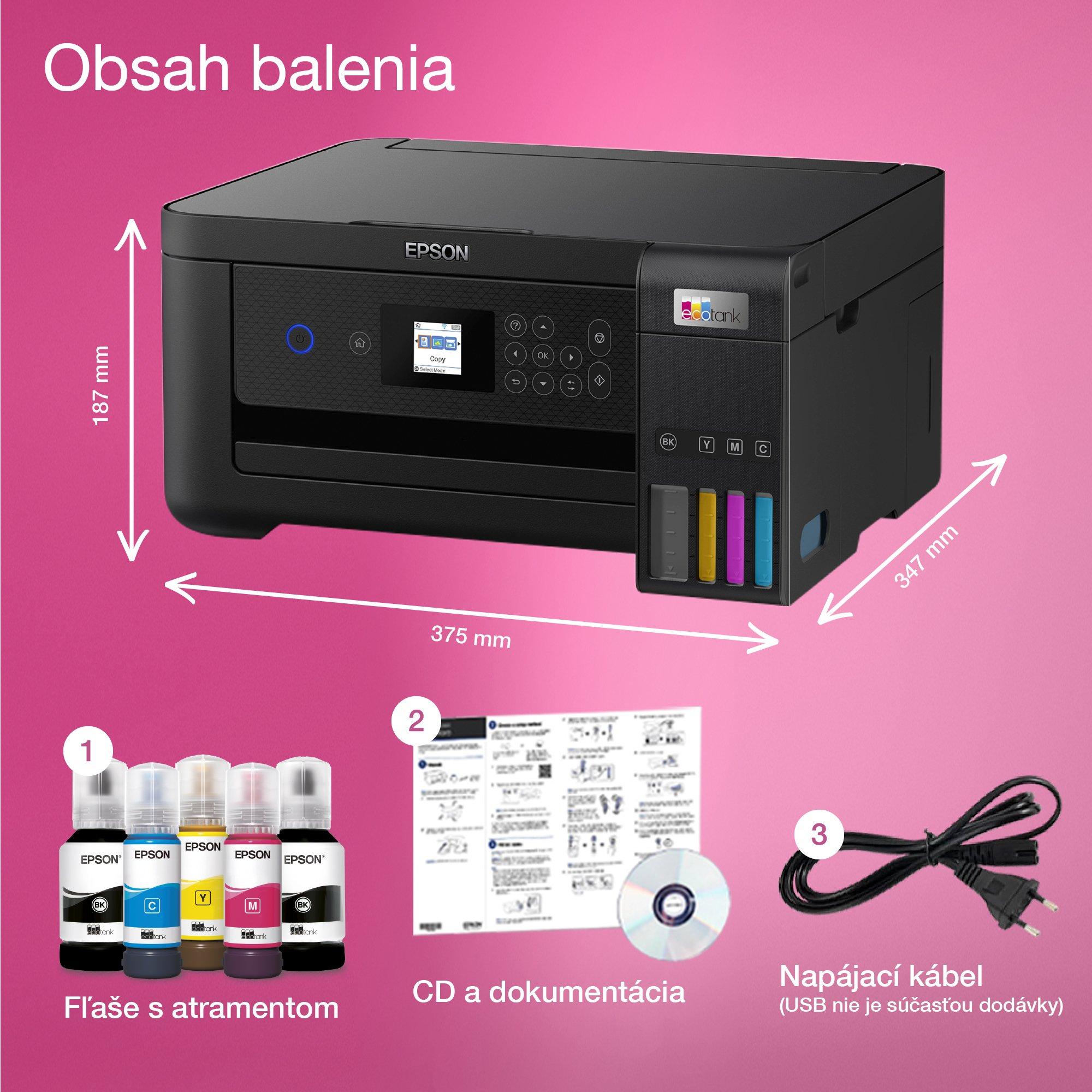 Multifunkčná tlačiareň EcoTank L4260 formátu A4, s Wi-Fi, atramentovým zásobníkom a atramentom až na 3 roky whats in the box