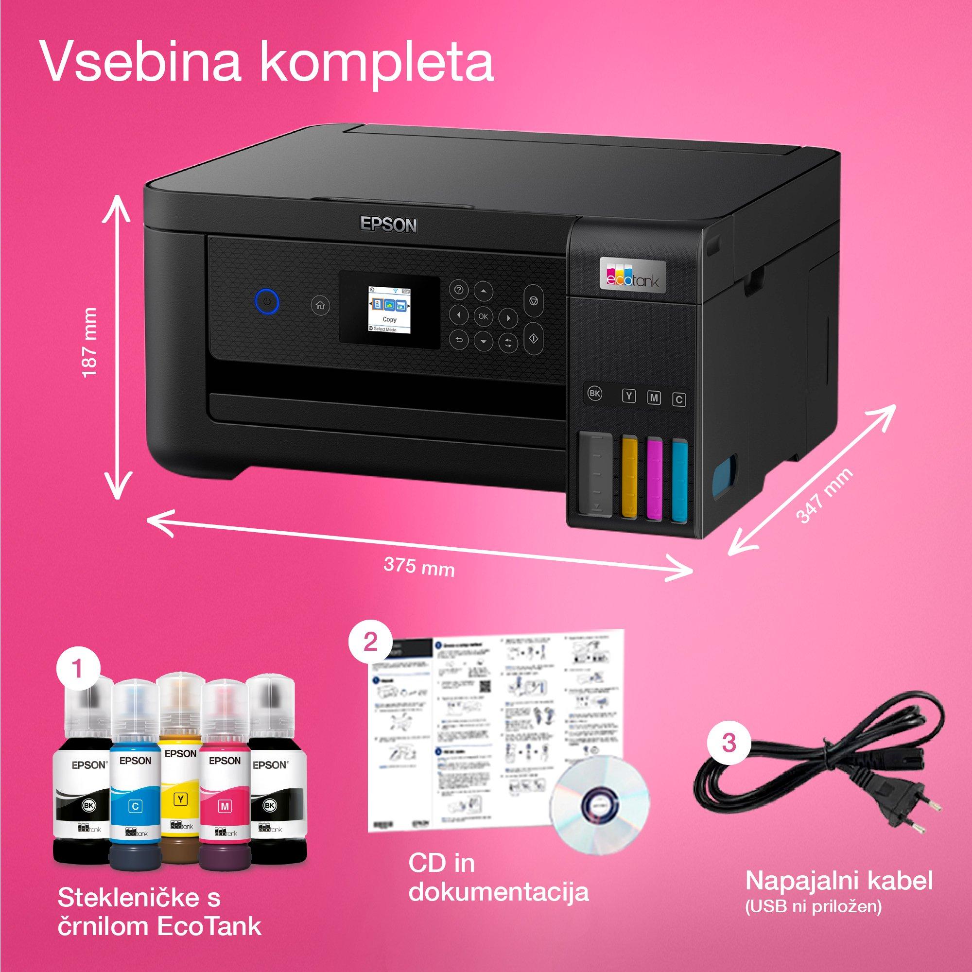 Večnamenski tiskalnik A4 EcoTank L4260 s povezljivostjo Wi-Fi in sistemom posod s črnilom, z vključenim črnilom za do 3 leta whats in the box