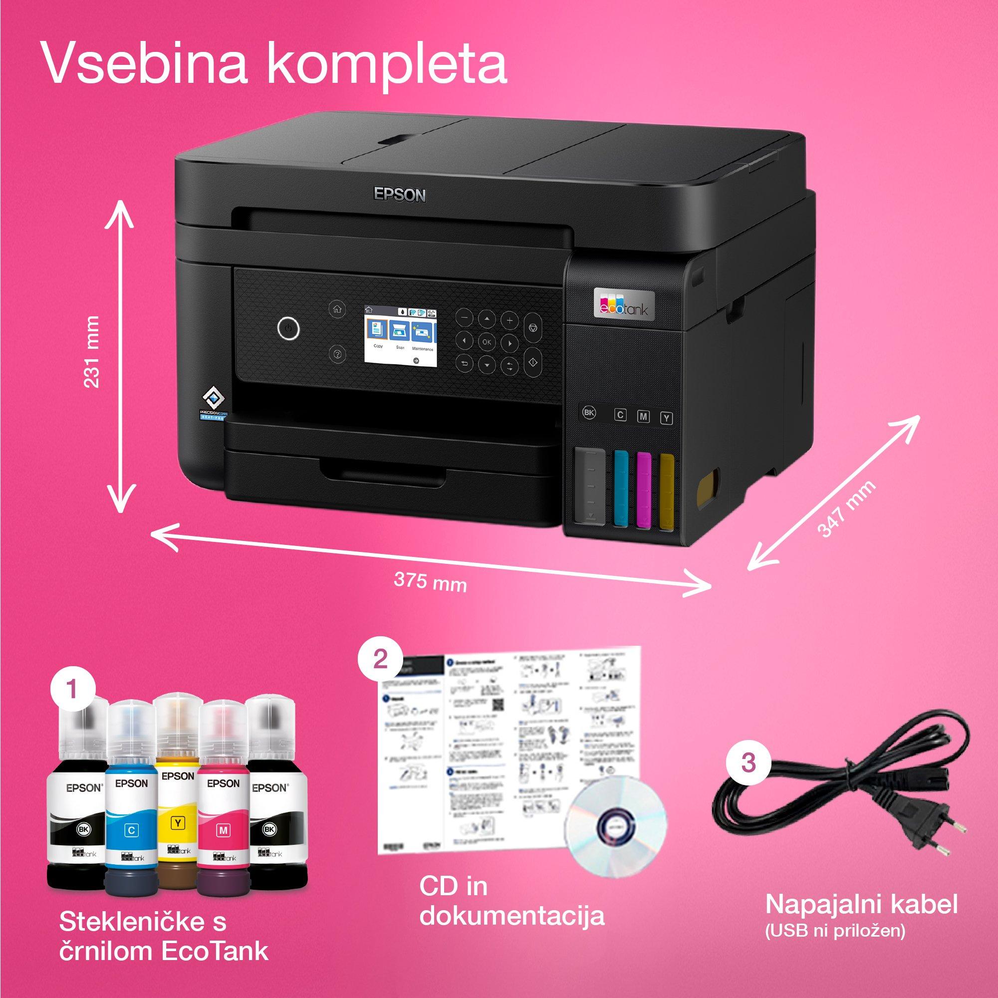 Večnamenski tiskalnik A4 EcoTank L6270 s povezljivostjo Wi-Fi in sistemom posod s črnilom, z vključenim črnilom za do 3 leta whats in the box