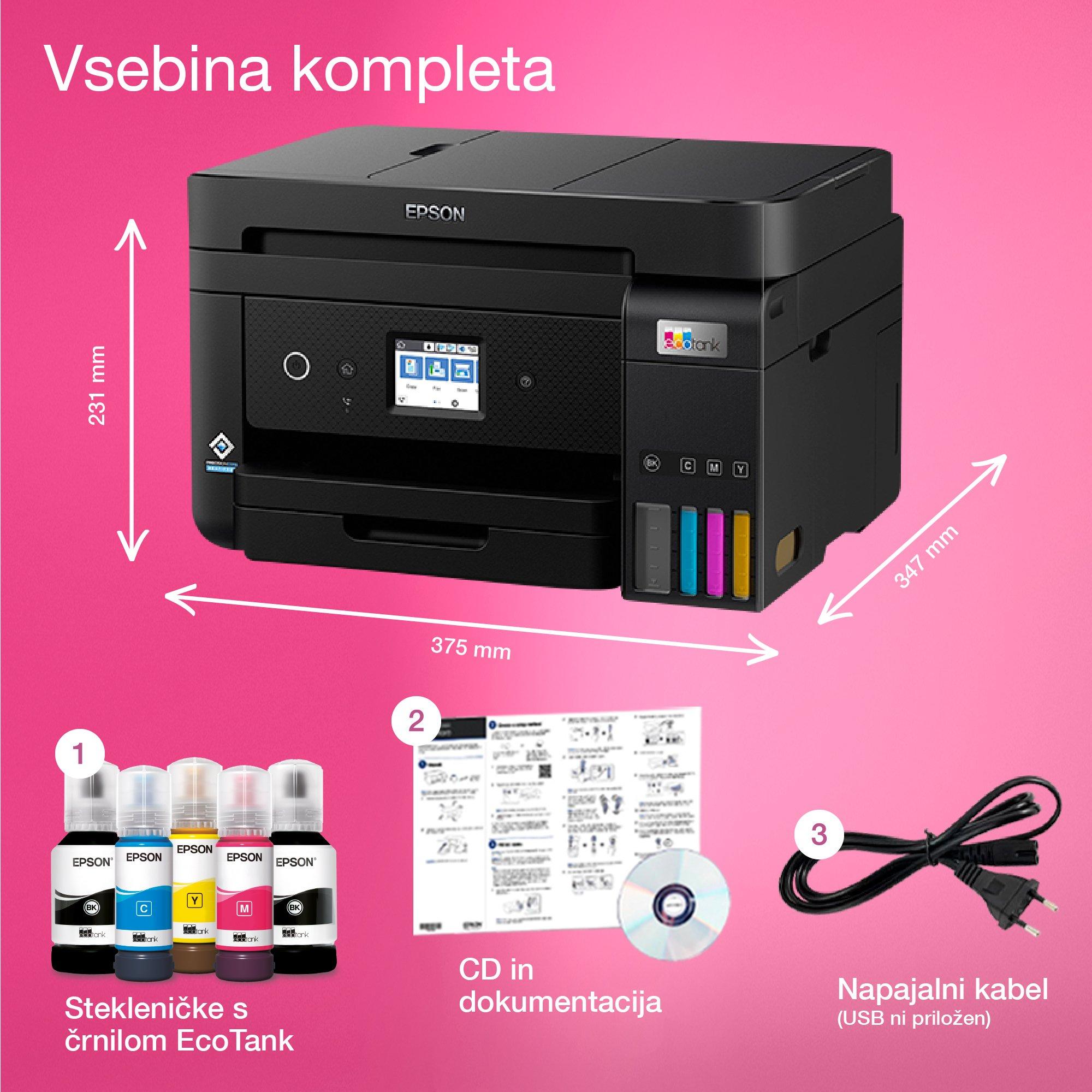 Večnamenski tiskalnik A4 EcoTank L6290 s povezljivostjo Wi-Fi in sistemom posod s črnilom, z vključenim črnilom za do 3 leta whats in the box