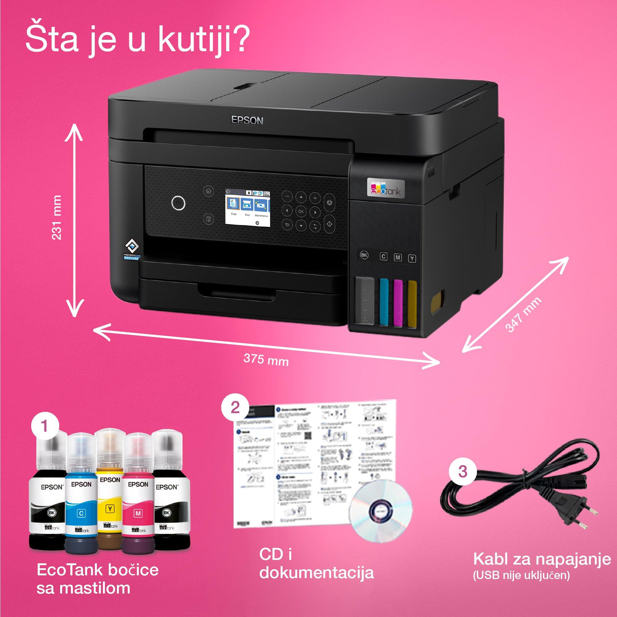 Multifunkcionalni A4 štampač EcoTank L6270 sa rezervoarom za mastilo, Wi-Fi vezom i mastilom dovoljnim za do 3 godine rada whats in the box