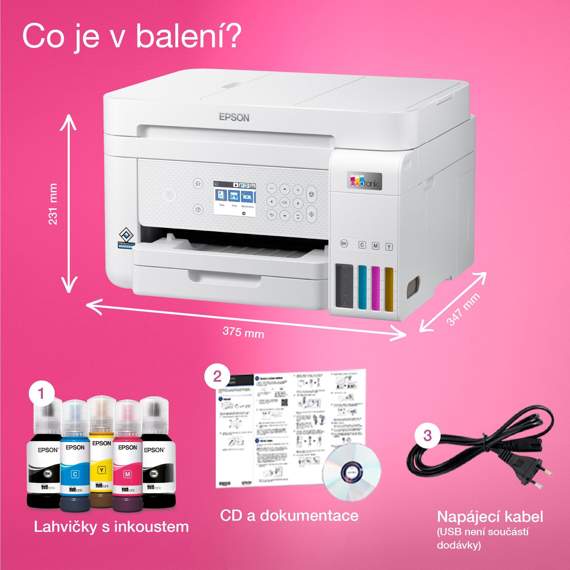 Multifunkční tiskárna EcoTank L6276 pro formát A4 s inkoustovými nádržkami, připojením přes Wi-Fi a inkoustem až na 3 roky whats in the box