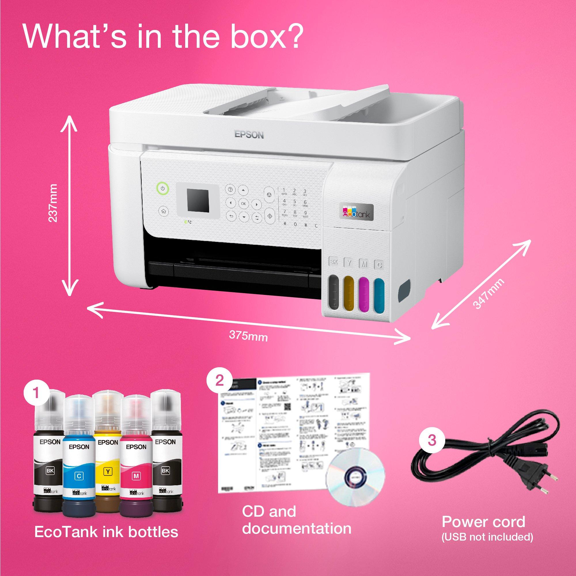 EcoTank L5296 Multifunction Wi-Fi Ink Tank A4 Printer, With Up To 3 Years Of Ink Included whats in the box