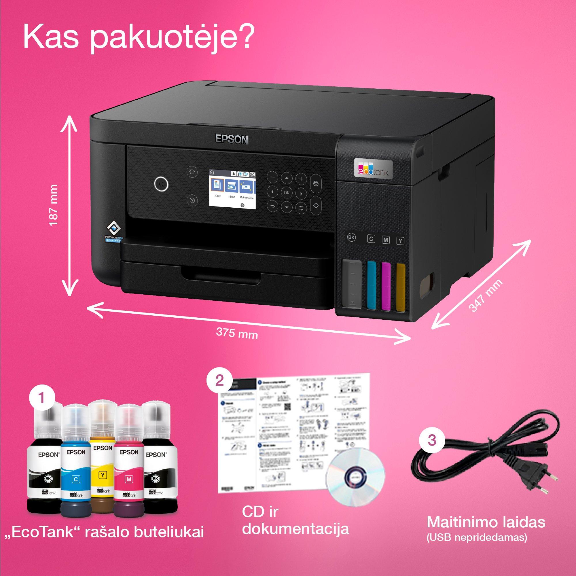 „EcoTank L6260“ daugiafunkcis spausdintuvas su „Wi-Fi“ ir rašalo talpykla, kurioje rašalo yra tiek, kad pakaks iki 3 metų whats in the box