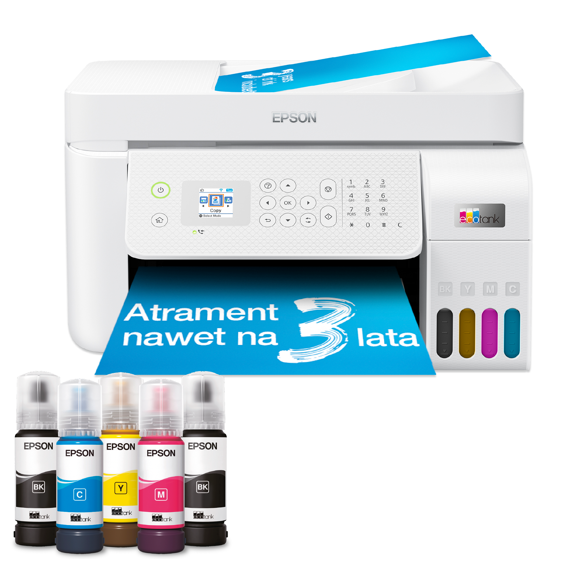 Wielofunkcyjna drukarka A4 EcoTank L5296 z łącznością Wi-Fi i stałym zasilaniem w atrament z zapasem atramentu nawet na 3 lata w zestawie