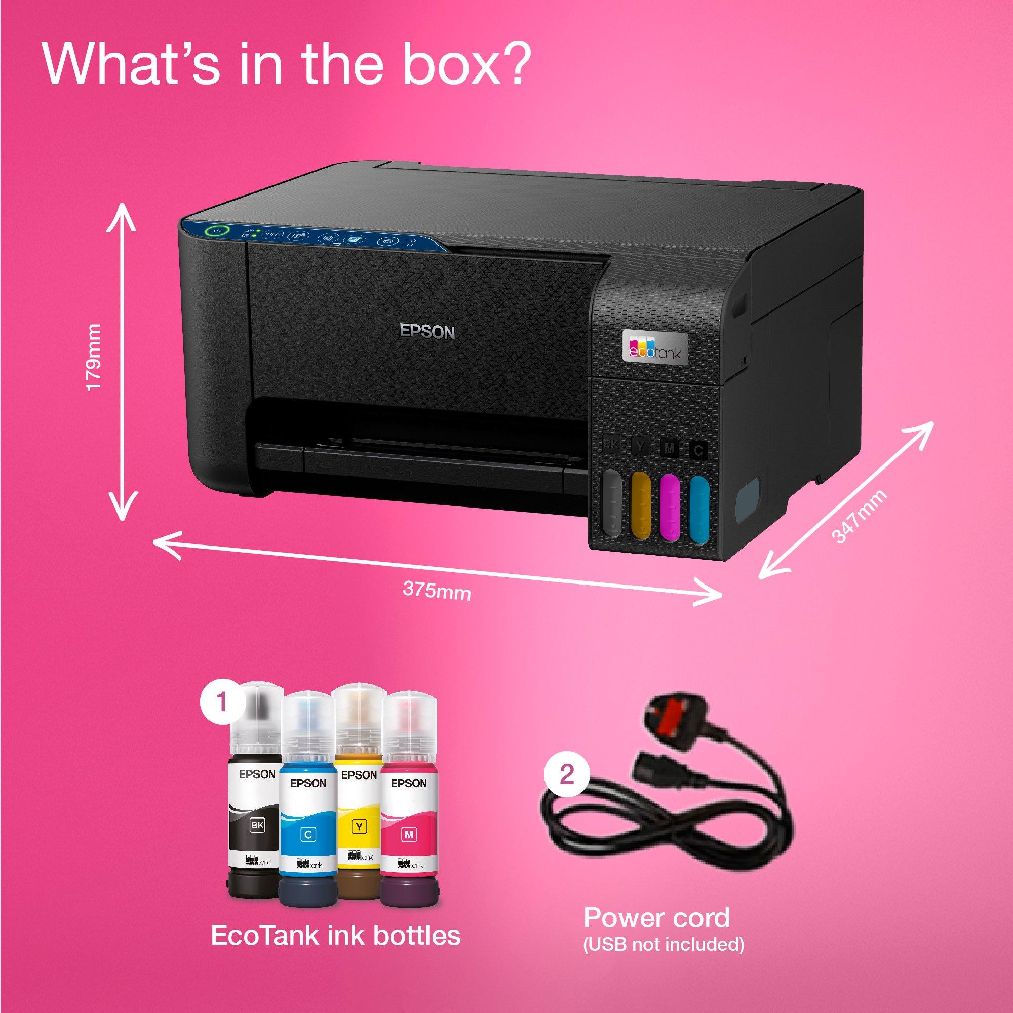 EcoTank ET-2861 A4 Multifunction Wi-Fi Ink Tank Printer, With Up To 3 Years Of Ink Included whats in the box