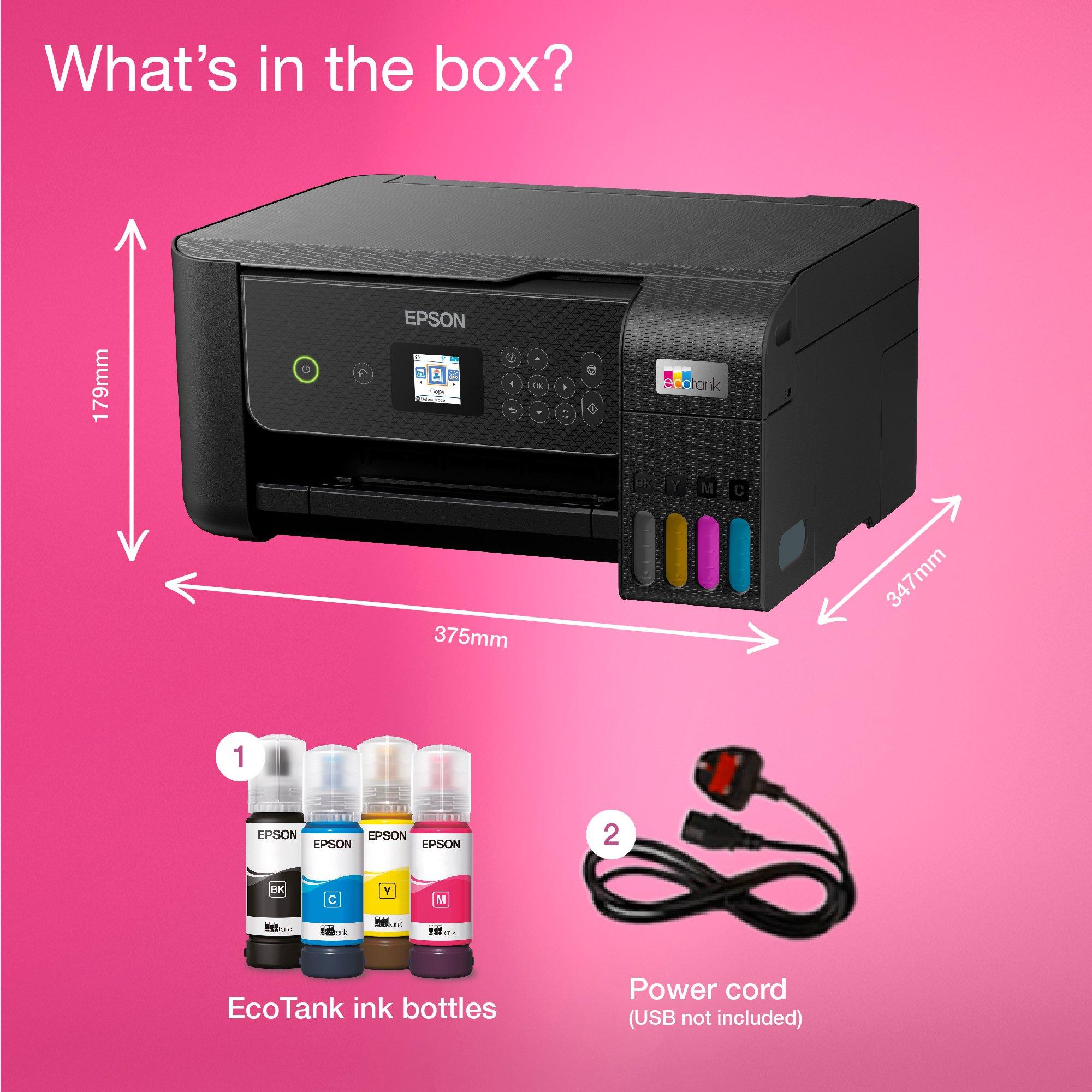 EcoTank ET-2870 A4 Multifunction Wi-Fi Ink Tank Printer, With Up To 3 Years Of Ink Included whats in the box