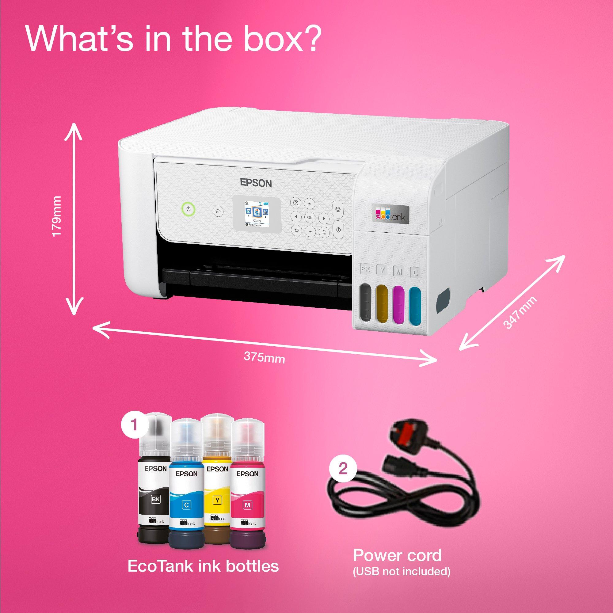 EcoTank ET-2876 A4 Multifunction Wi-Fi Ink Tank Printer, With Up To 3 Years Of Ink Included whats in the box
