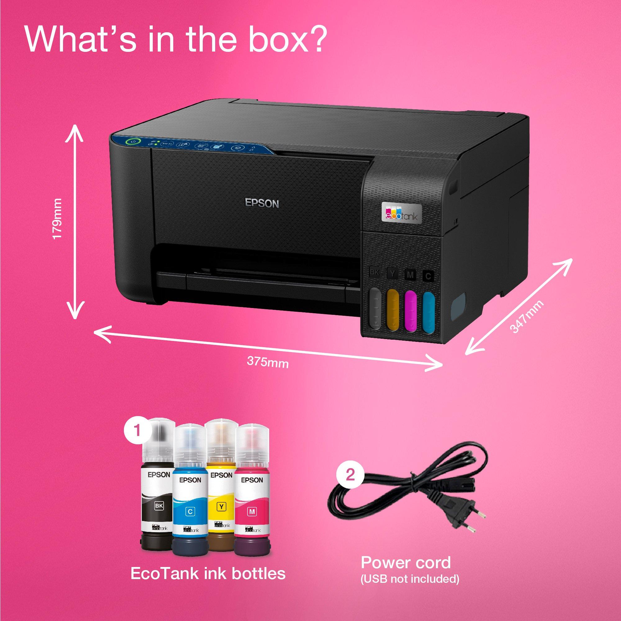 EcoTank ET-2861 A4 Multifunction Wi-Fi Ink Tank Printer, With Up To 3 Years Of Ink Included whats in the box