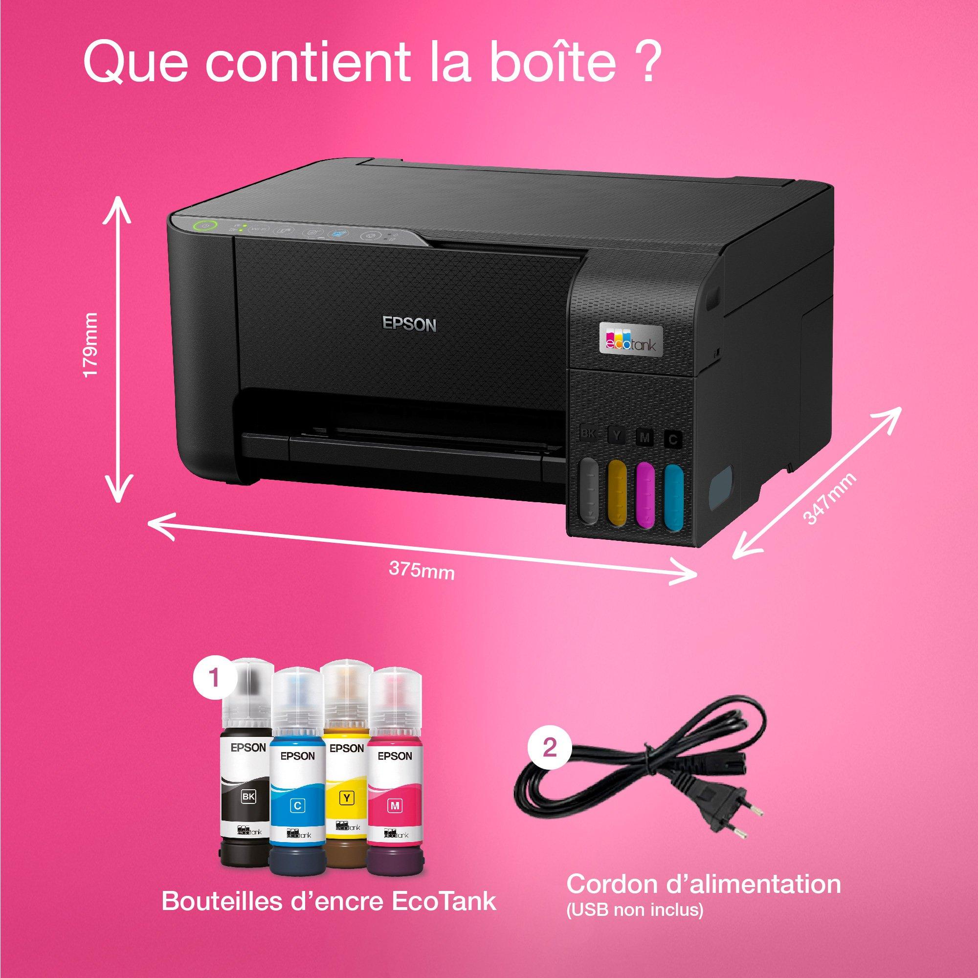 Imprimante multifonction A4 Wi-Fi EcoTank ET-2862 équipée de réservoirs d’encre, avec jusqu’à 3 ans d’encre inclus whats in the box