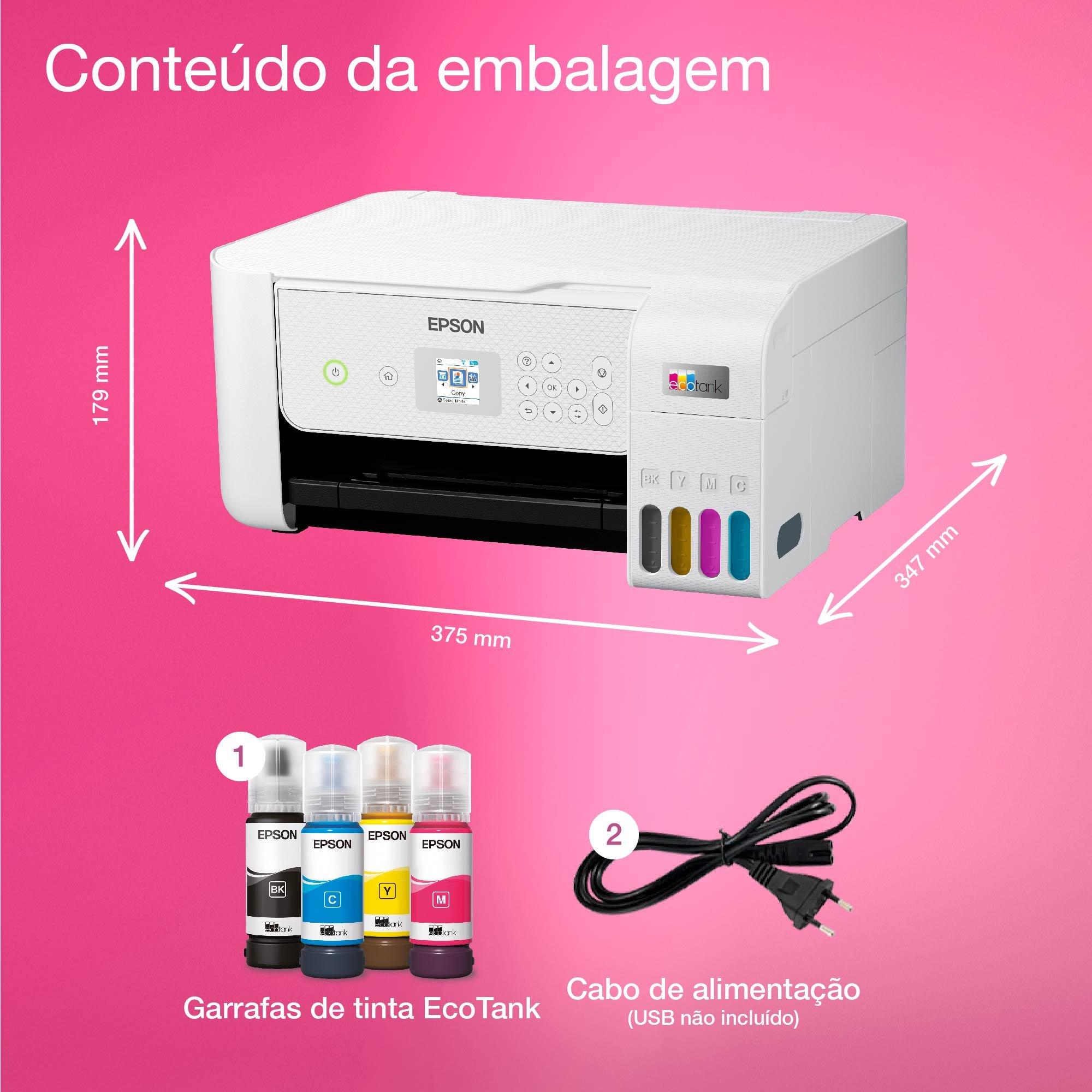 Impressora com tanque de tinta Wi-Fi multifunções EcoTank ET‑2876 A4, com até 3 anos de tinta incluída whats in the box