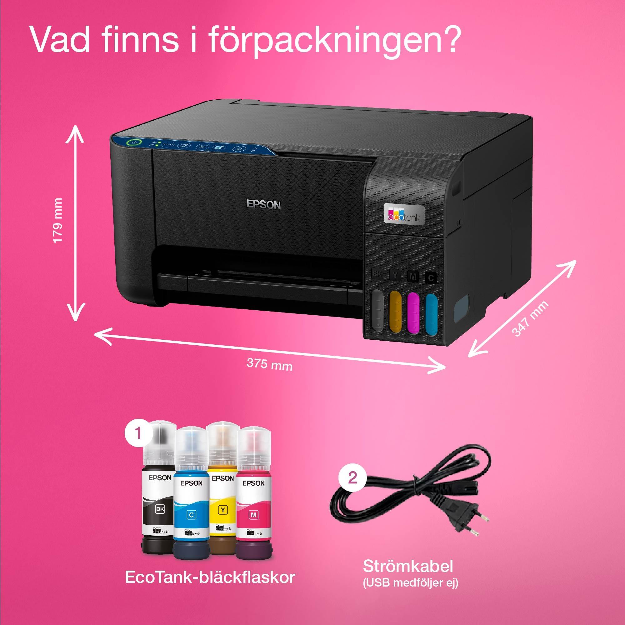 EcoTank ET-2861 A4-multifunktionsskrivare med Wi-Fi och bläckbehållare. Bläck för upp till tre års användning ingår whats in the box