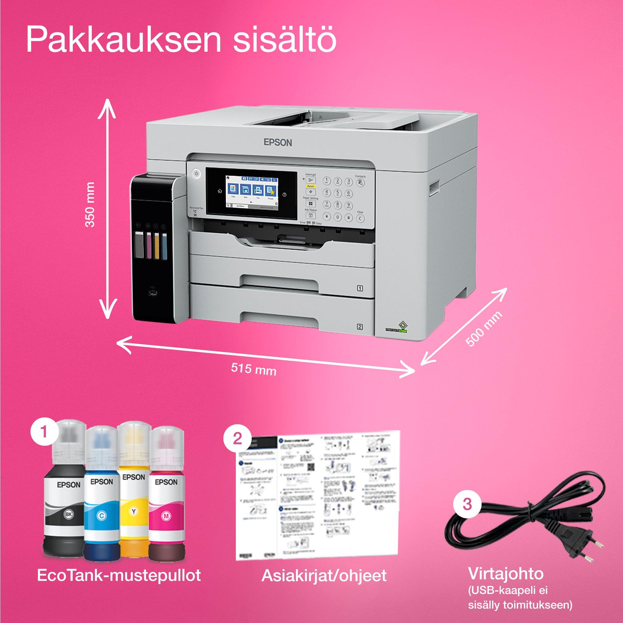 EcoTank Pro ET-16685 -A3+-monitoimitulostin – Wi-Fi, mustesäiliöt ja PCL-tuki whats in the box