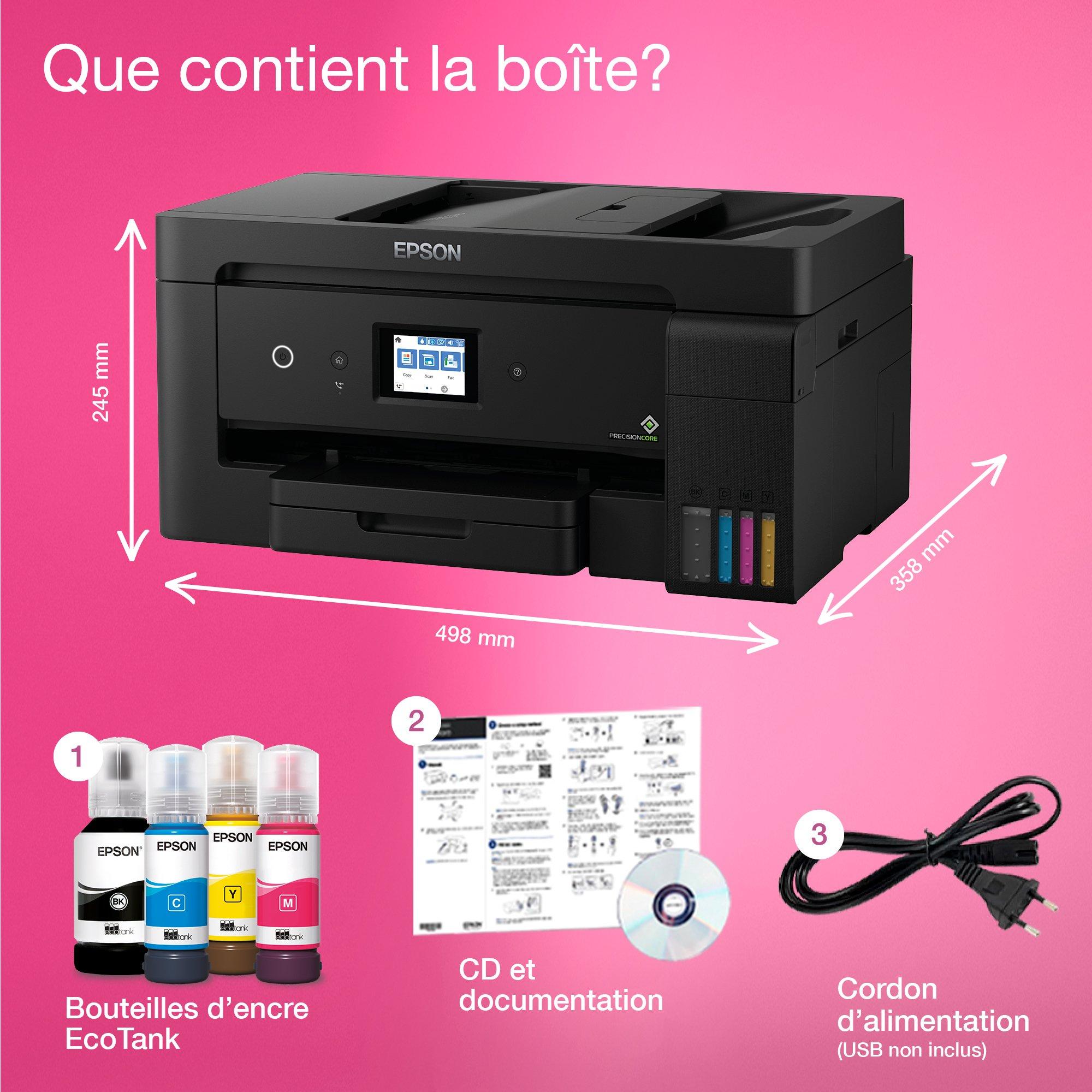 Imprimante multifonction A3+ Wi-Fi EcoTank ET-15000 équipée de réservoirs d’encre, avec jusqu’à 3 ans d’encre inclus whats in the box