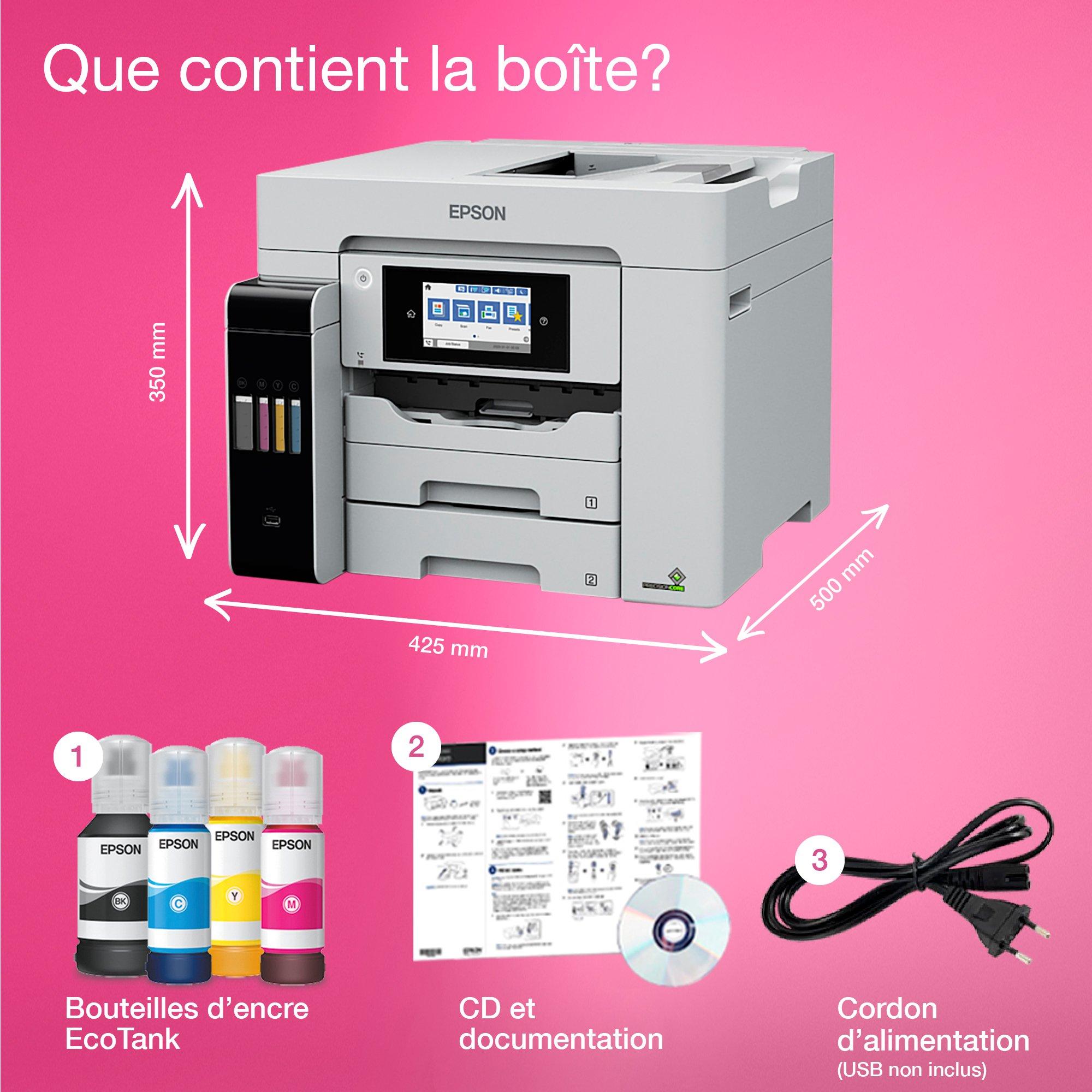 Imprimante multifonction A4 EcoTank ET-5880 avec Wi-Fi, réservoirs d’encre, scanner, copie et fax whats in the box