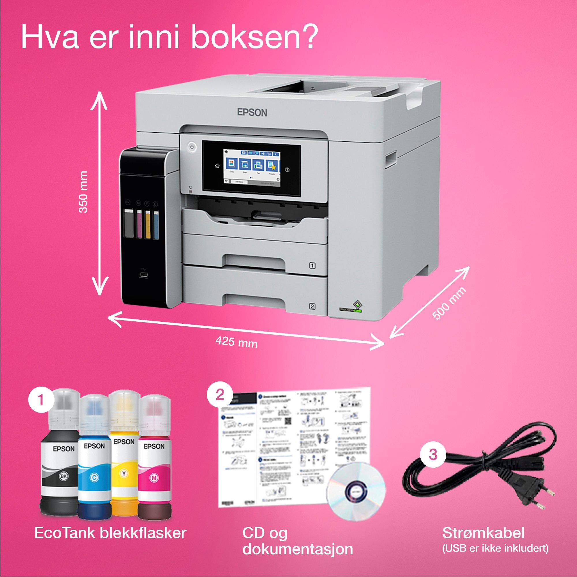 EcoTank ET-5880 A4 flerfunksjons-Wi-Fi-blekktankskriver med skanning, kopiering og faks whats in the box