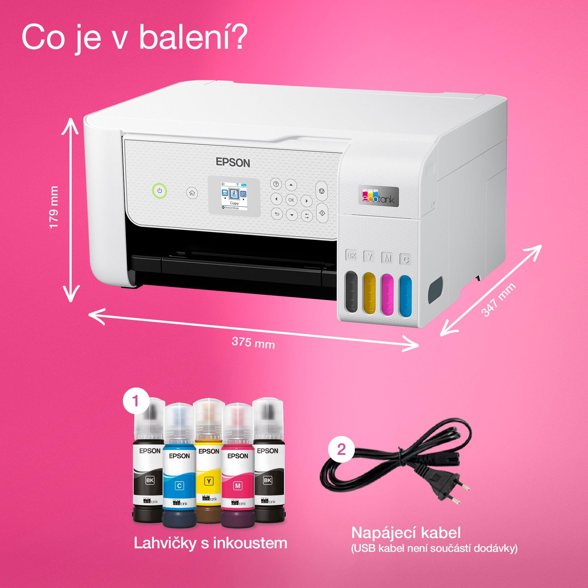 Multifunkční tiskárna EcoTank L3286 formátu A4 s inkoustovými nádržkami, připojením přes Wi-Fi a inkoustem až na 3 roky whats in the box