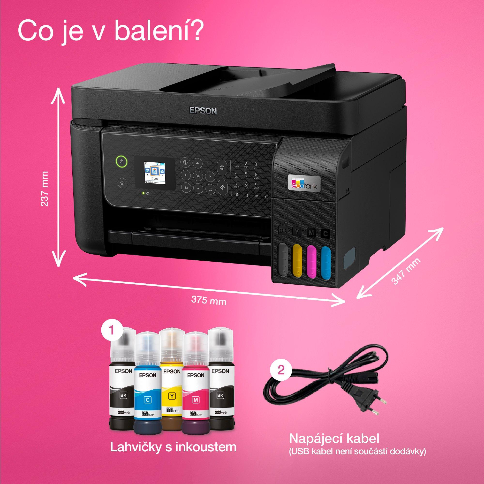 Multifunkční tiskárna EcoTank L5310 formátu A4 s inkoustovými nádržkami, připojením přes Wi-Fi a inkoustem až na 3 roky whats in the box