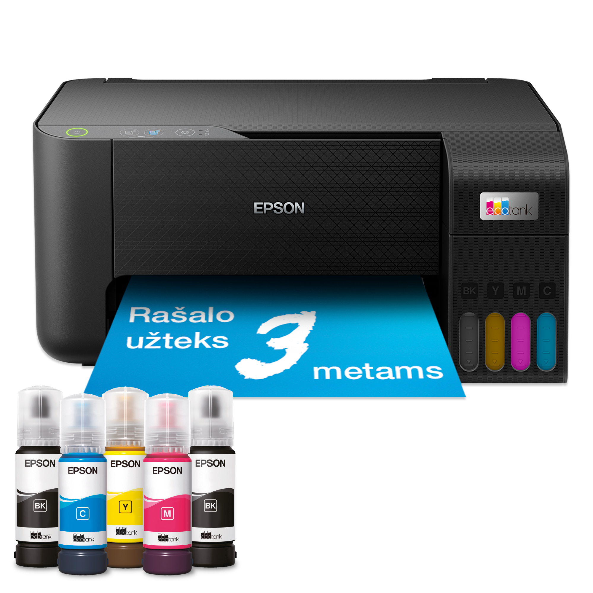 „EcoTank L3230“ daugiafunkcis spausdintuvas su rašalo talpykla ir rašalu, leidžiančiu spausdinti iki 3 metų