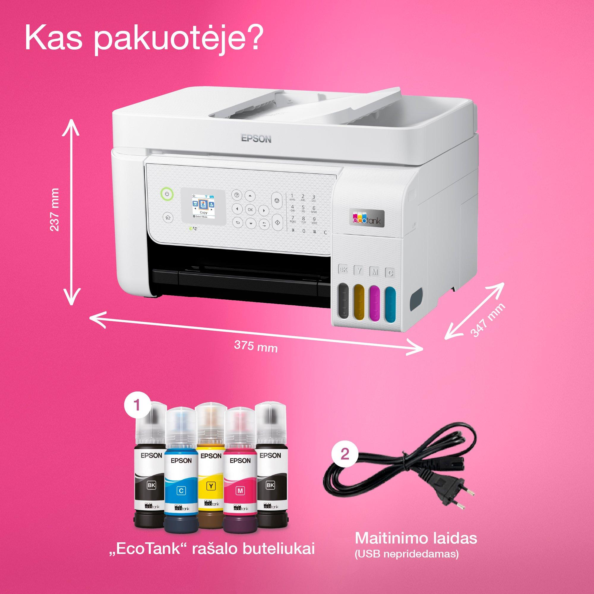 „EcoTank L5316“ daugiafunkcis A4 spausdintuvas su „Wi-Fi“ ir rašalo talpykla, kurioje rašalo yra tiek, kad pakaks iki 3 metų whats in the box