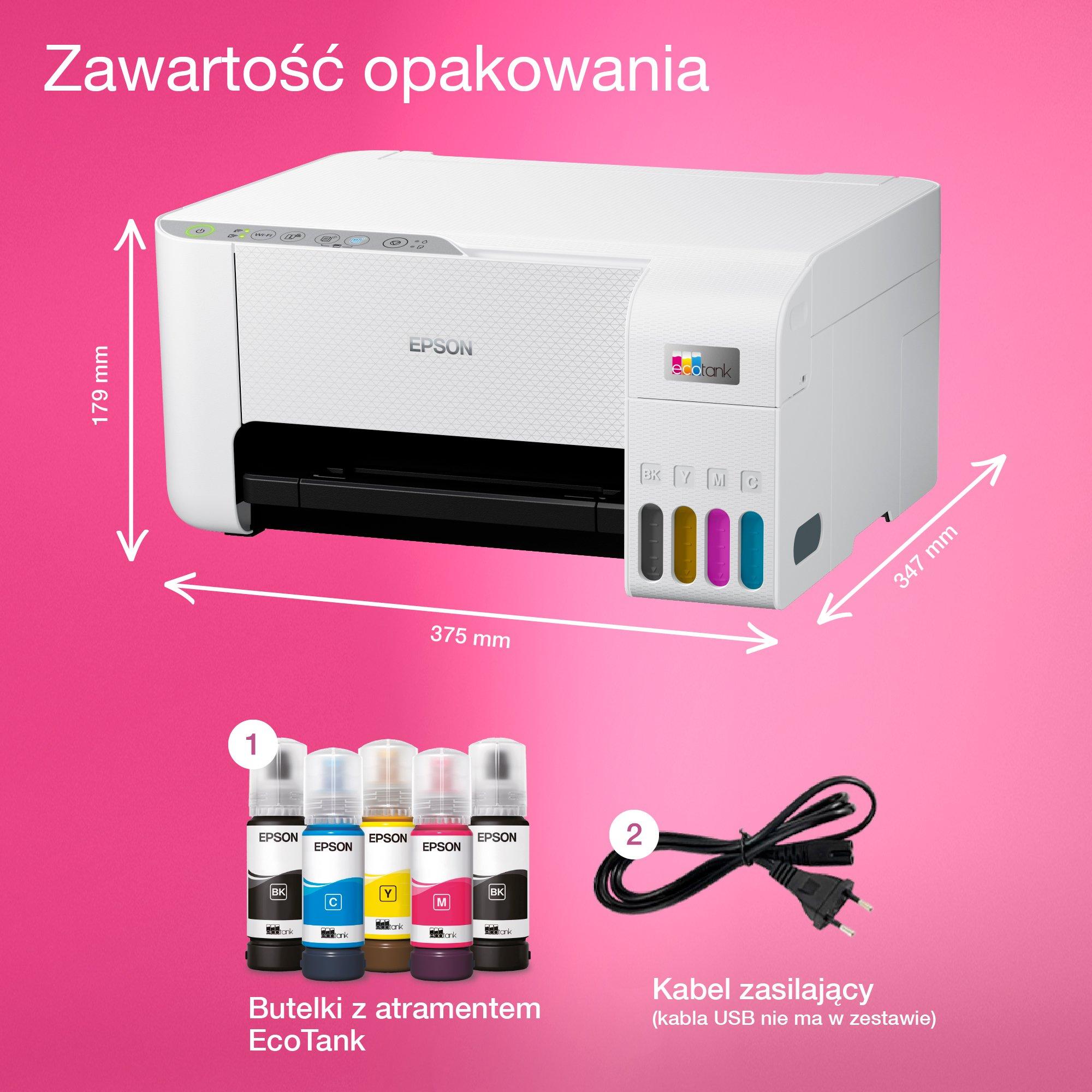 Wielofunkcyjna drukarka A4 EcoTank L3276 z łącznością Wi-Fi i stałym zasilaniem w atrament i z zapasem atramentu nawet na 3 la whats in the box