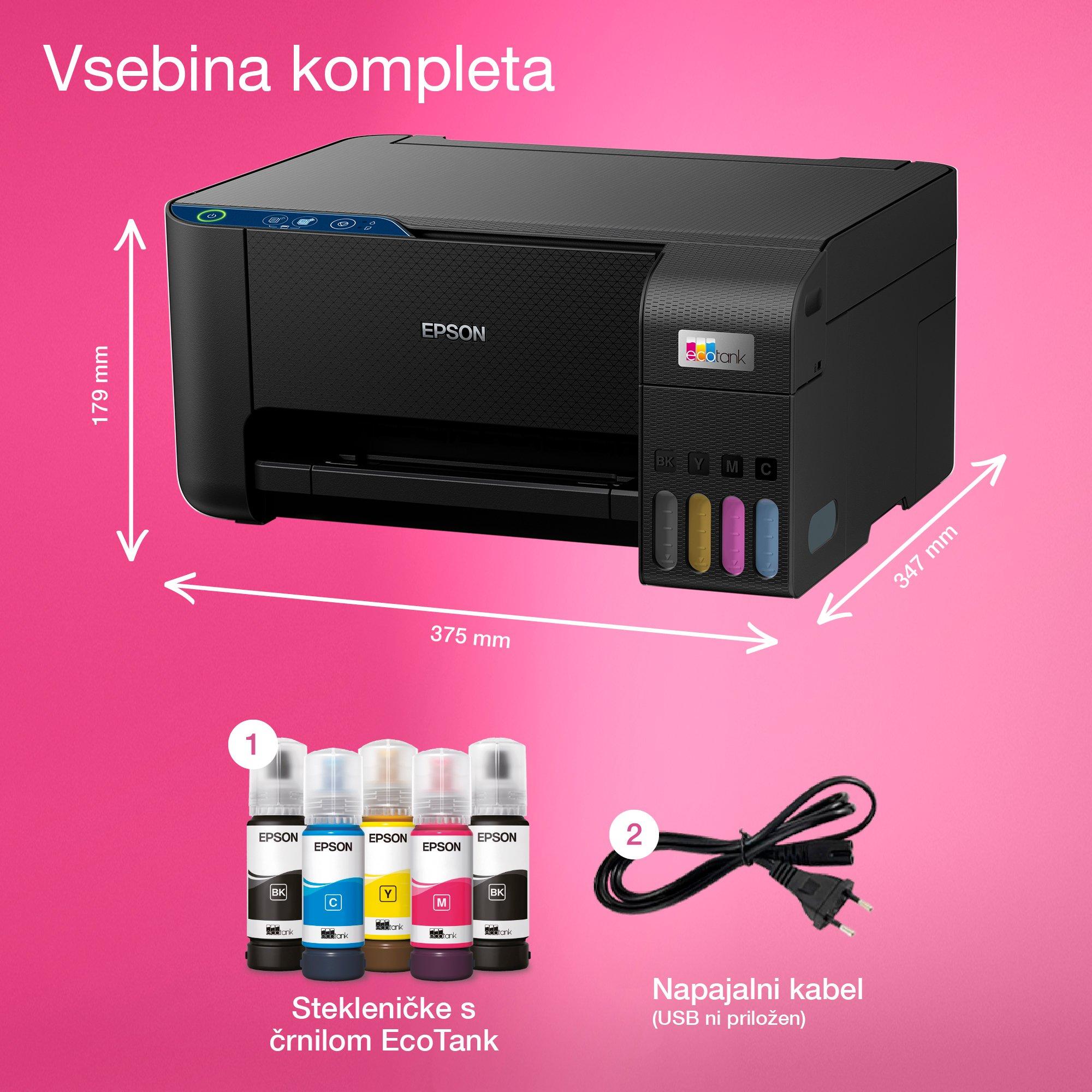 Večnamenski tiskalnik EcoTank L3231 s sistemom posod s črnilom, z vključenim črnilom za do 3 leta uporabe whats in the box