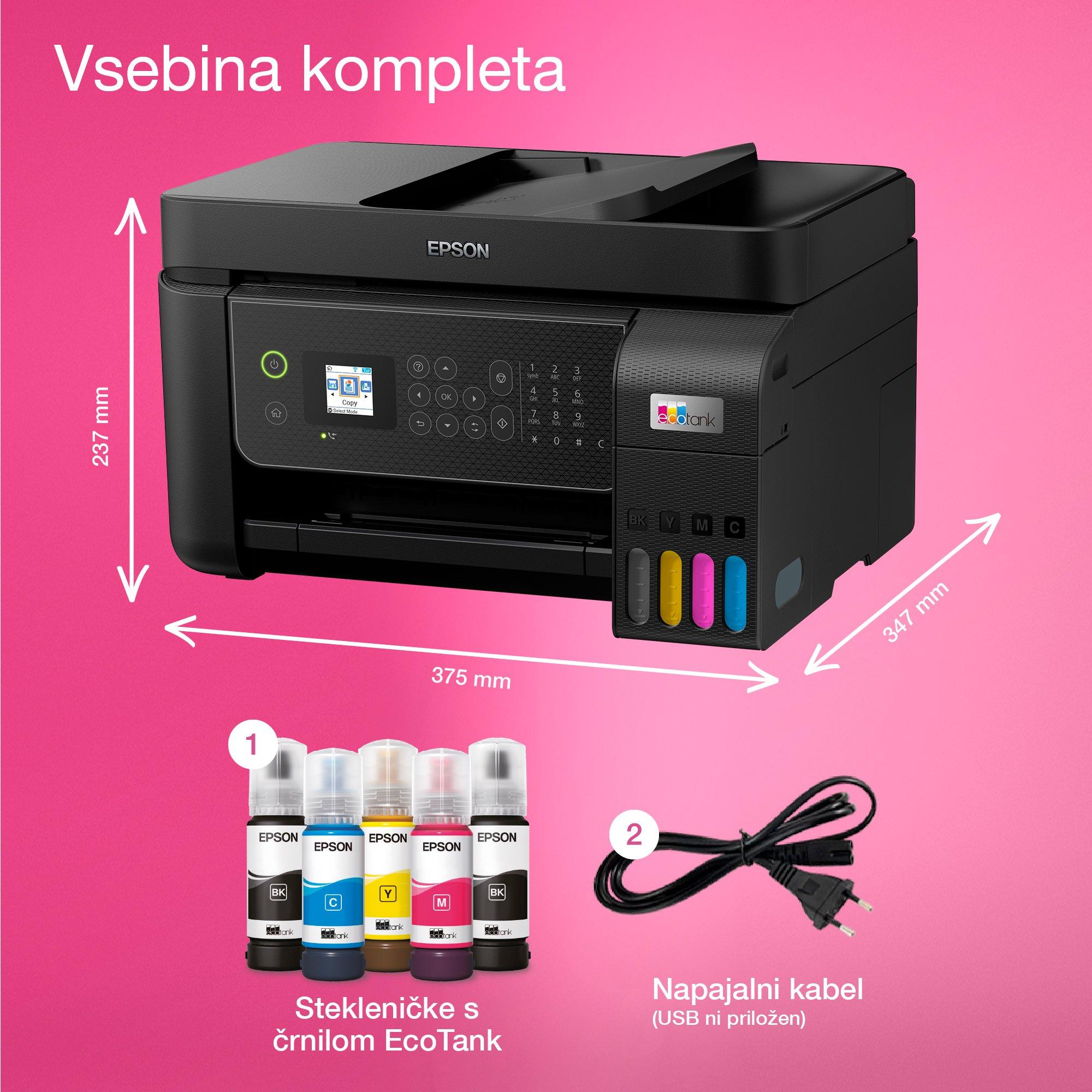 Večnamenski tiskalnik A4 EcoTank L5310 s povezljivostjo Wi-Fi in sistemom posod s črnilom, z vključenim črnilom za do 3 leta whats in the box