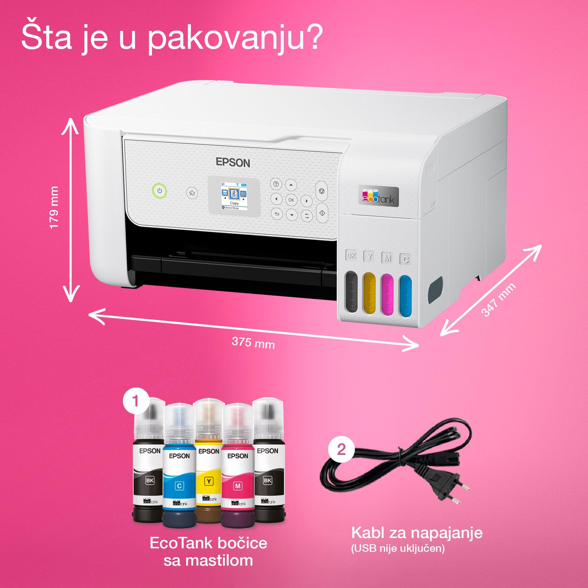 Multifunkcionalni štampač EcoTank L3286 formata A4 sa rezervoarom za mastilo, Wi-Fi vezom i mastilom dovoljnim za do 3 godine rada whats in the box