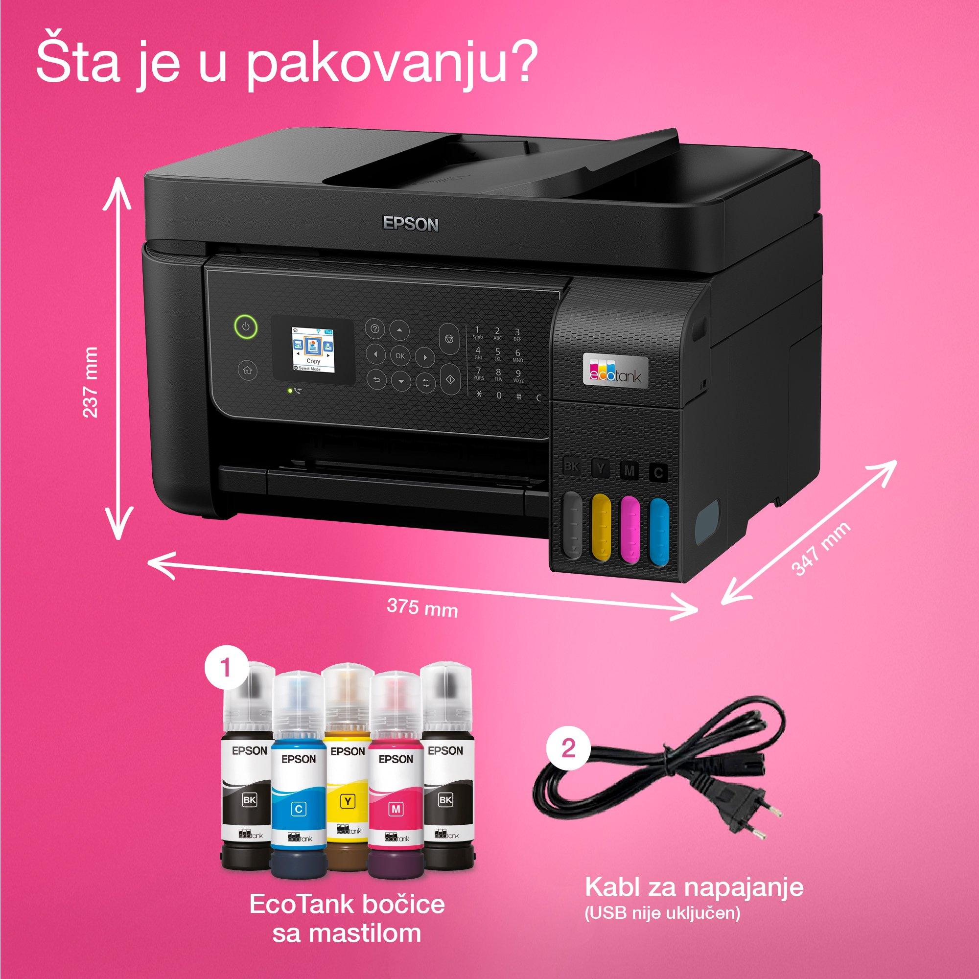 Multifunkcionalni štampač EcoTank L5310 formata A4 sa rezervoarom za mastilo, Wi-Fi vezom i mastilom dovoljnim za do 3 godine rada whats in the box