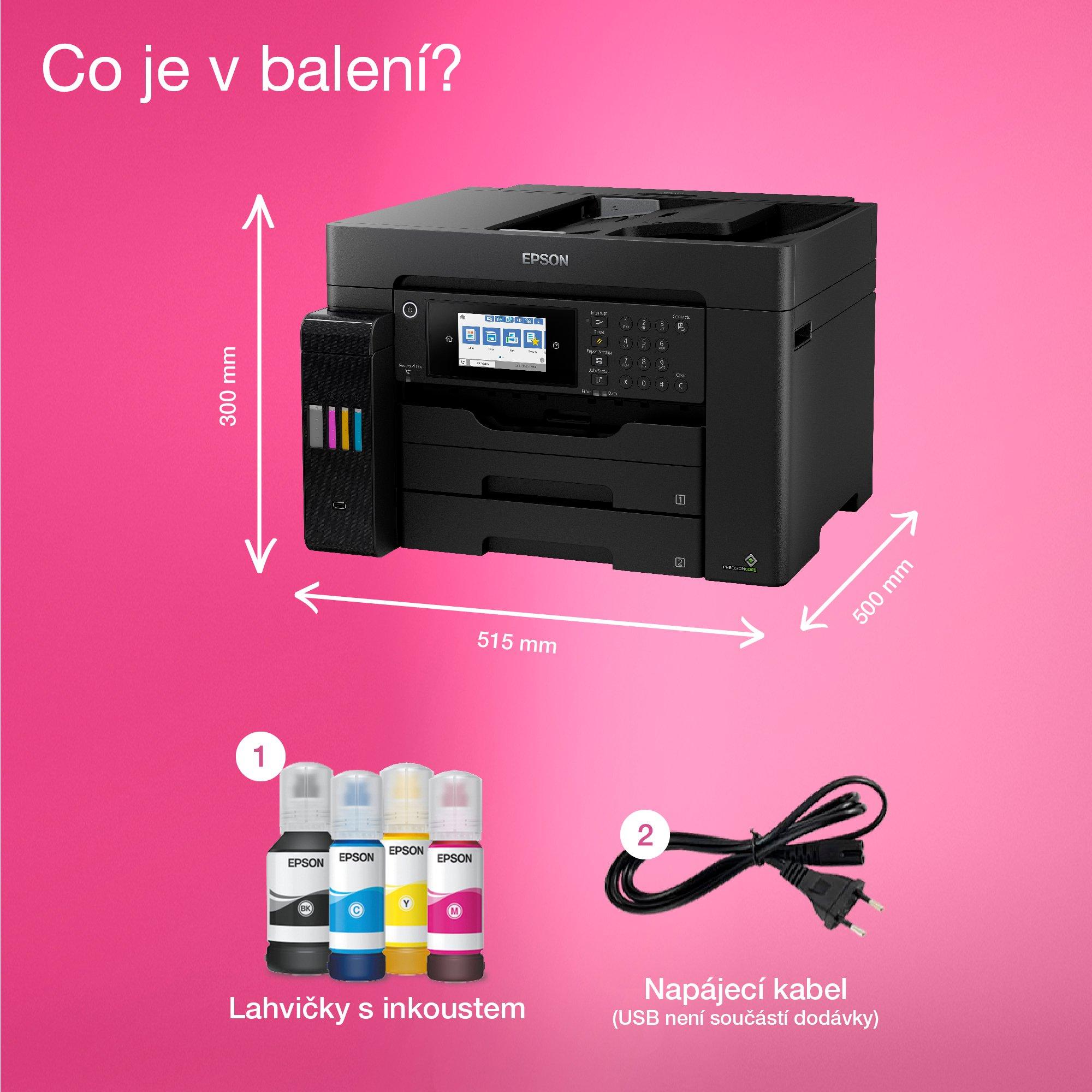 Multifunkční tiskárna EcoTank L15160 pro formát A3+ s inkoustovými nádržkami, připojením přes Wi-Fi a faxem whats in the box