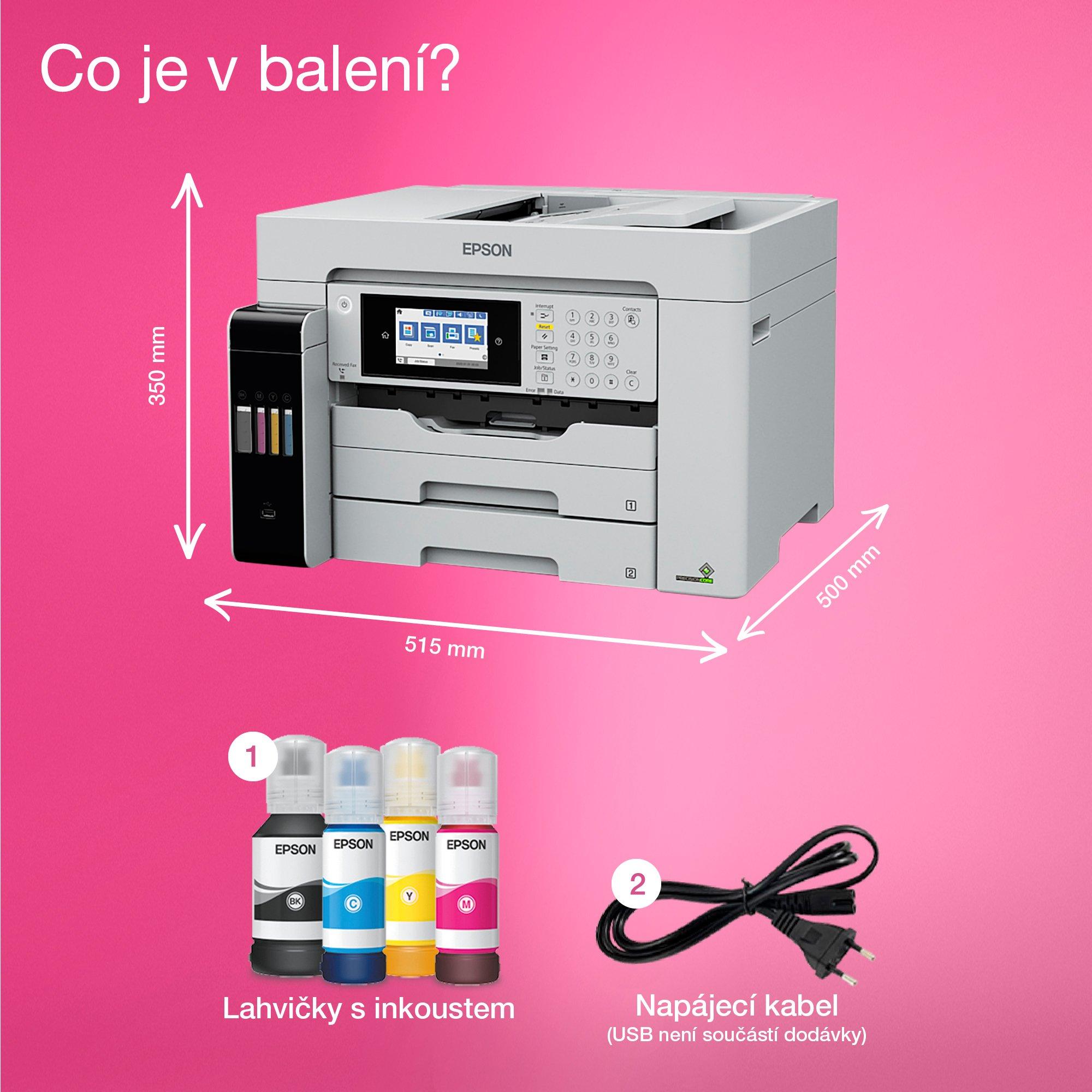 Multifunkční tiskárna EcoTank L15180 pro formát A3 s inkoustovými nádržkami, připojením přes Wi-Fi, skenováním, kopírováním a faxem whats in the box