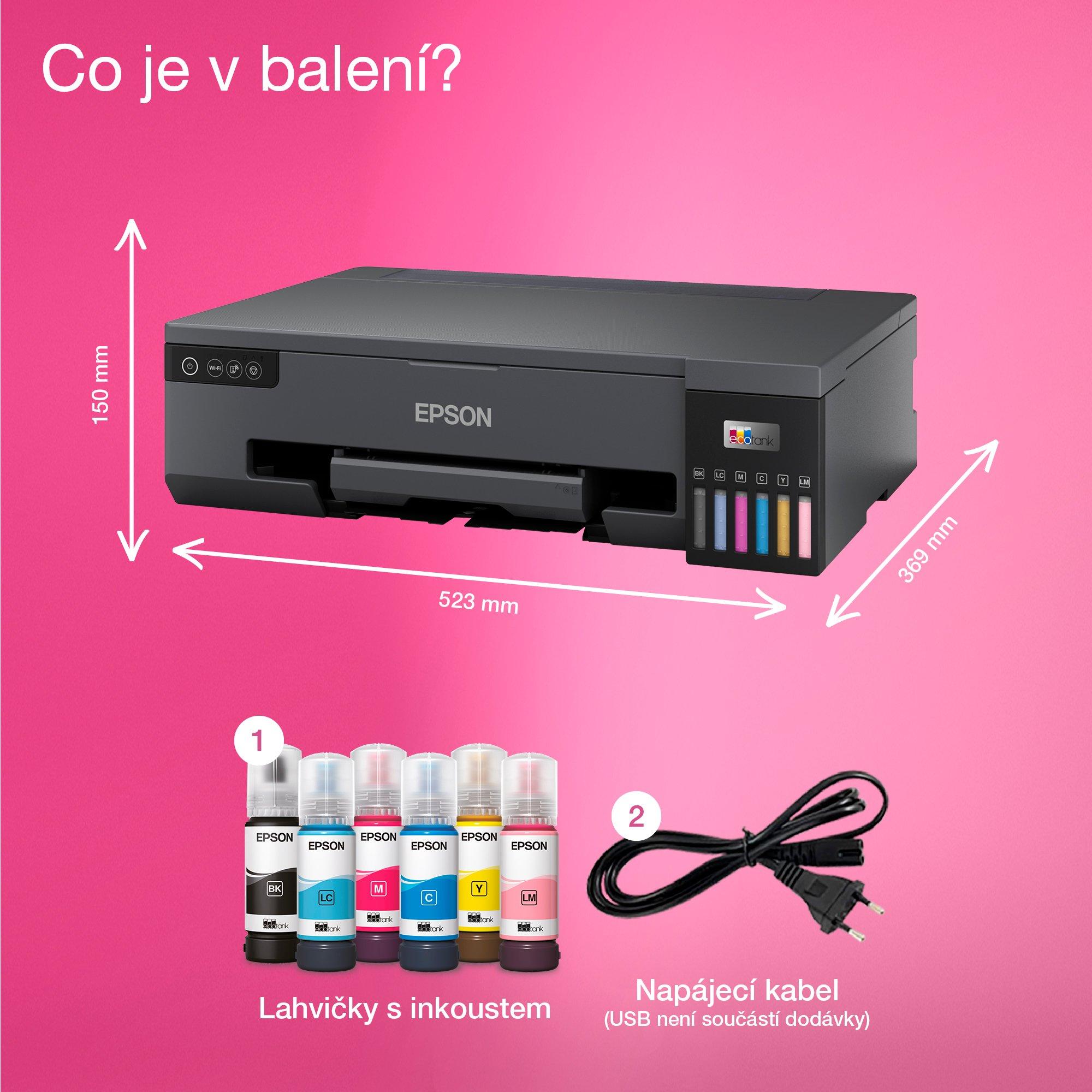 Fototiskárna EcoTank L18050 pro formát A3+ s inkoustovými nádržkami a připojením přes Wi-Fi whats in the box