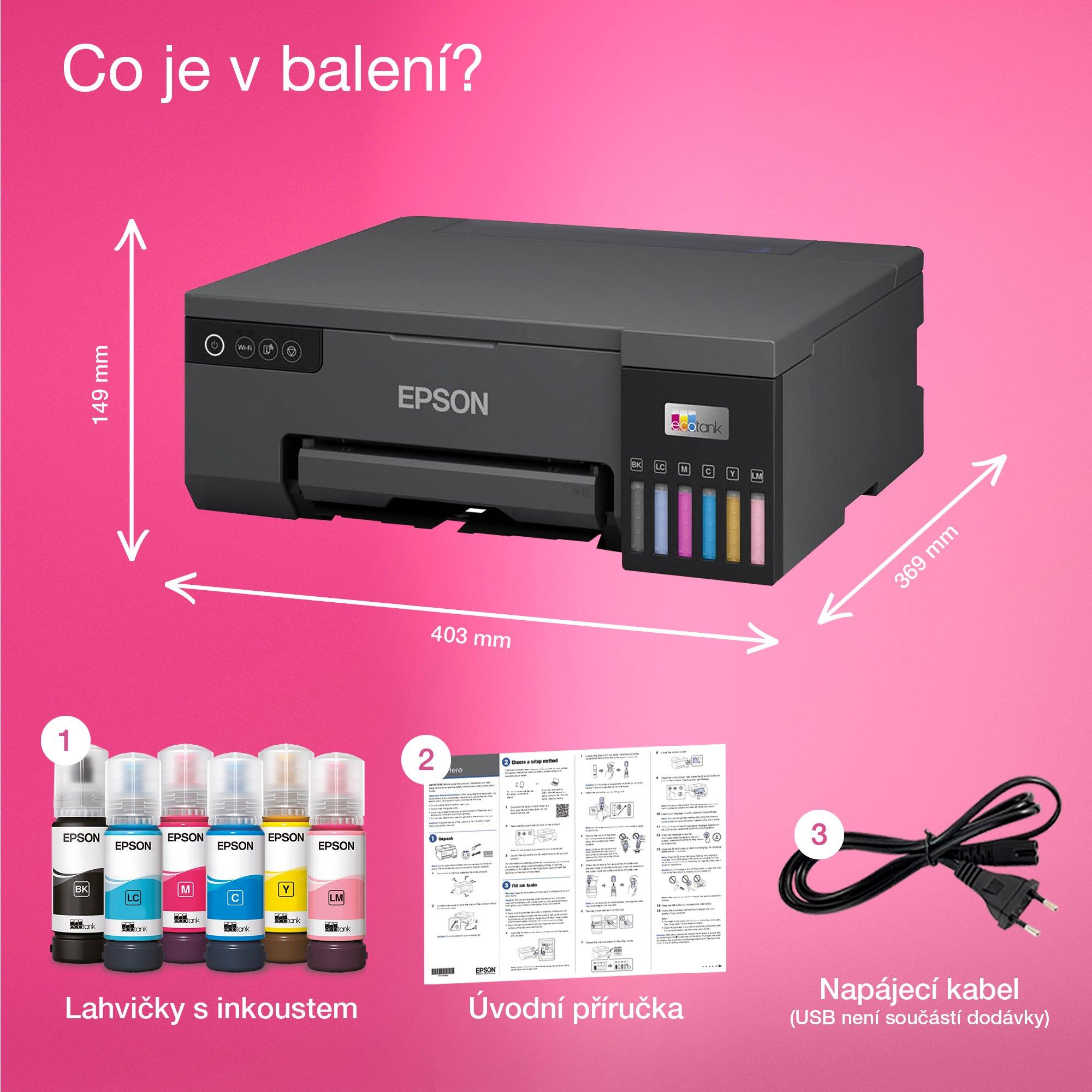 Fototiskárna EcoTank L8050 formátu A4 s inkoustovými nádržkami a s připojením přes Wi-Fi whats in the box