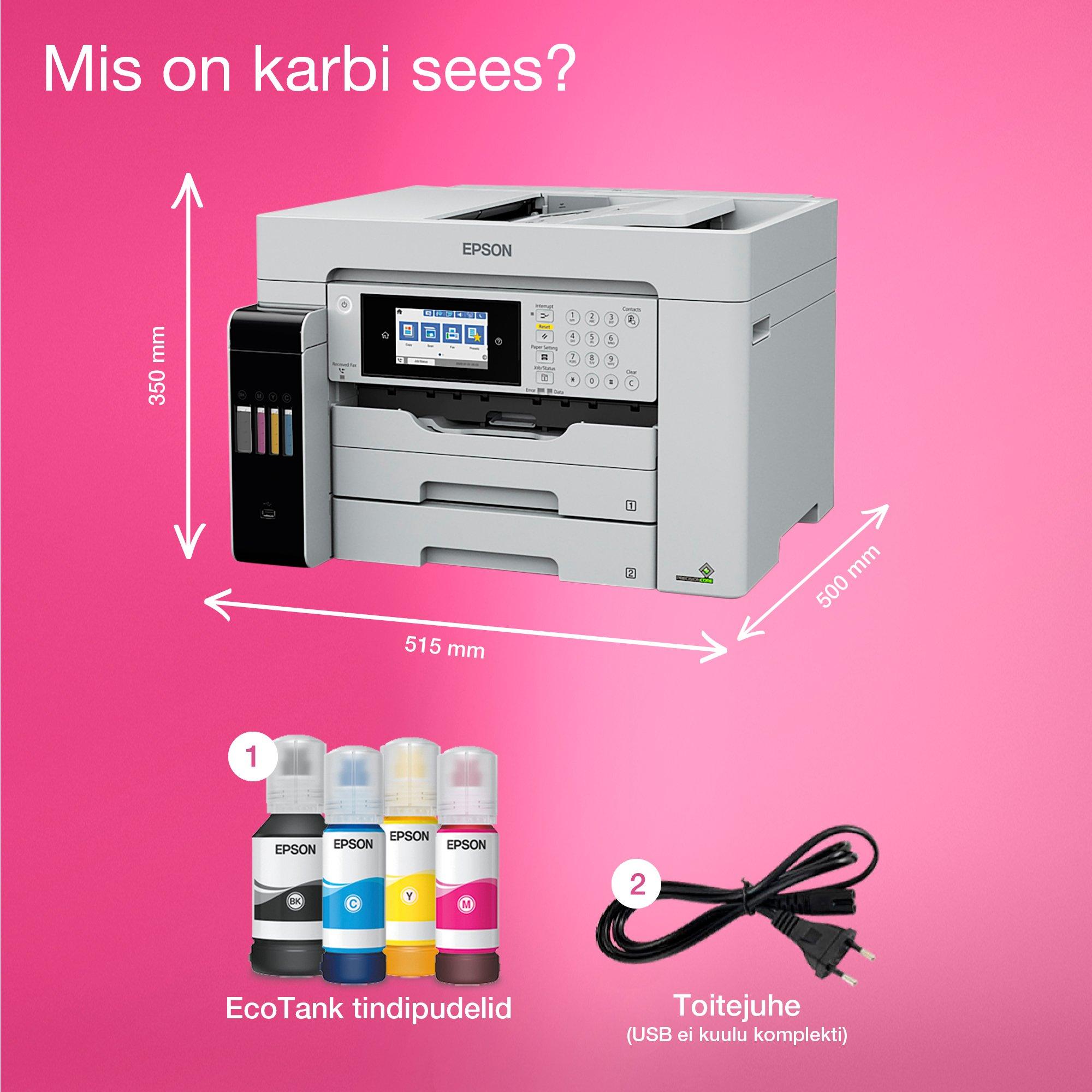 EcoTank L15180 A3 multifunktsionaalne Wi-Fi-ühenduvuse ja tindimahutiga printer koos skanneri, paljundamise ja faksiga whats in the box