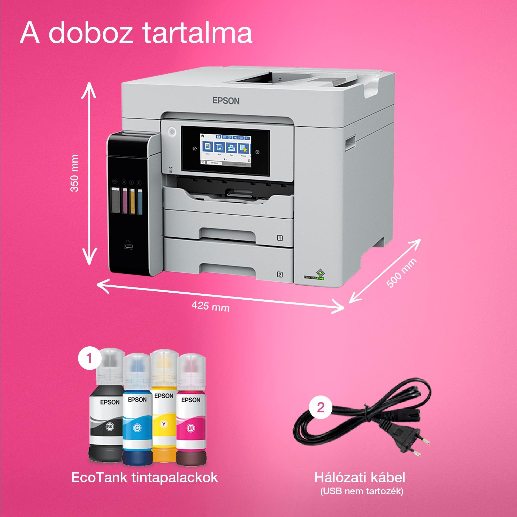 EcoTank L6580 A4-as méretű, többfunkciós, Wi-Fi-s, külső tintatartályos nyomtató szkennelés, másolás és fax funkciókkal whats in the box