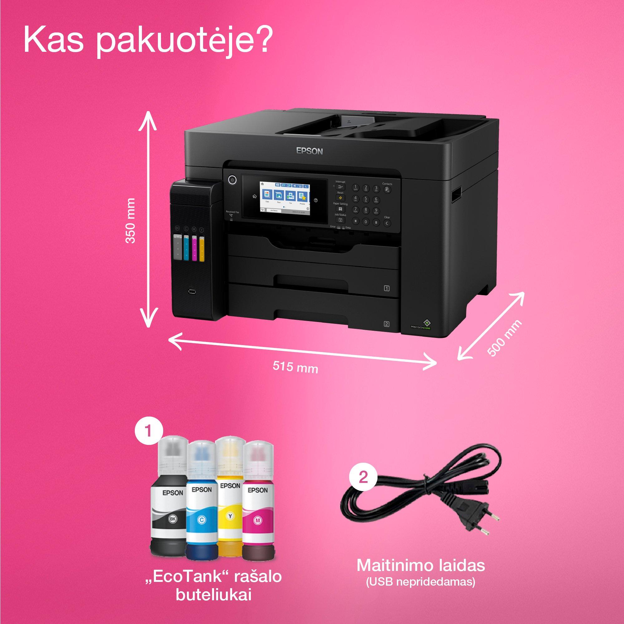 „EcoTank L15150“ daugiafunkcis A3+ spausdintuvas su „Wi-Fi“, rašalo talpykla ir faksu whats in the box