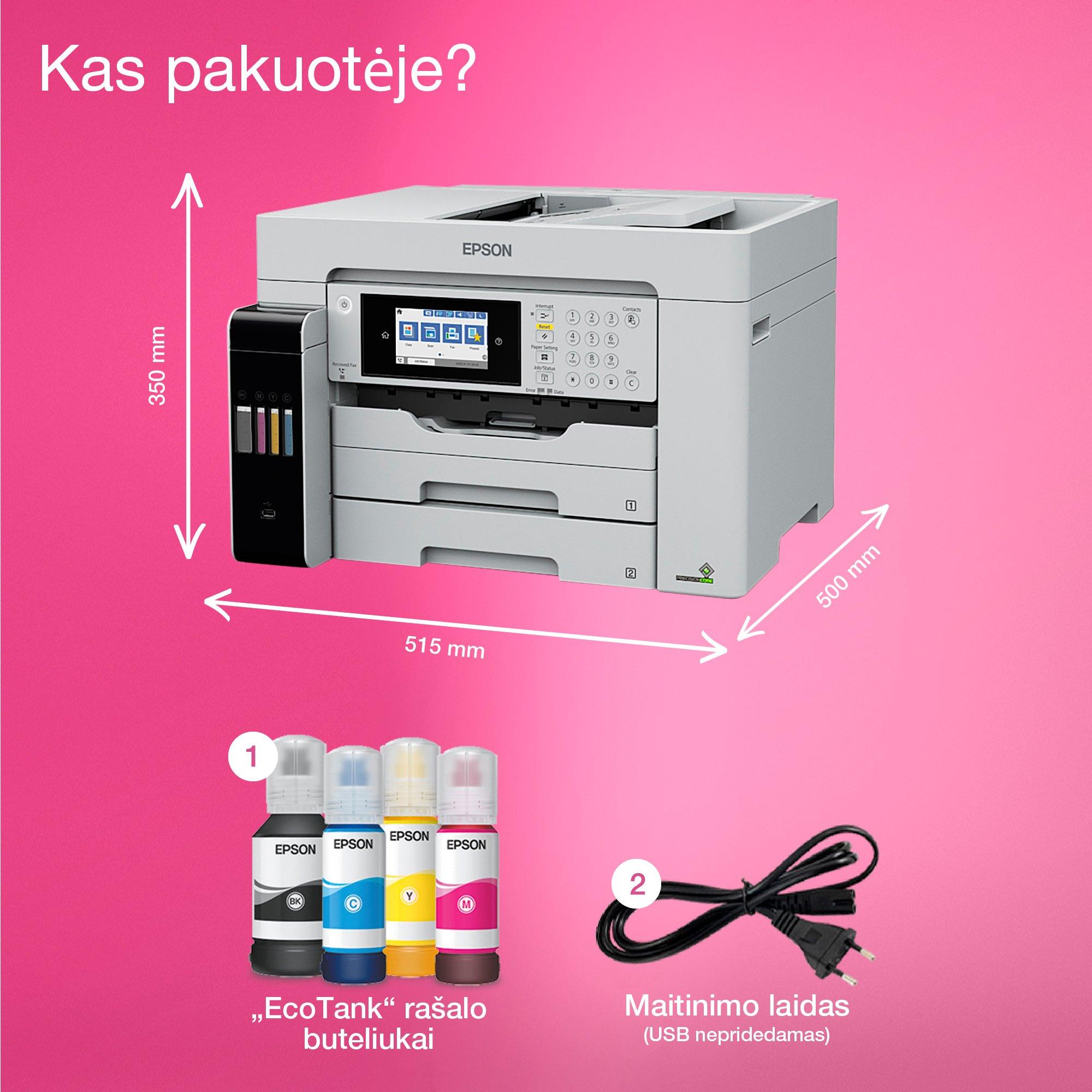 „EcoTank L15180“ daugiafunkcis A3 spausdintuvas su „Wi-Fi“, rašalo talpykla ir nuskaitymo, kopijavimo, faksogramų siuntimo funkcija whats in the box