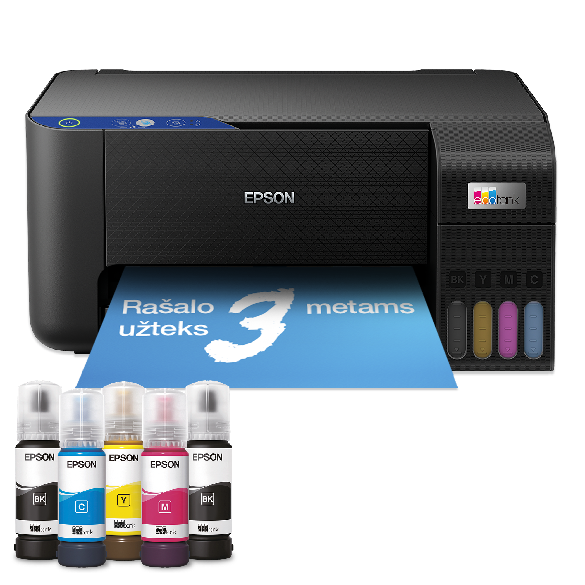 „EcoTank L3211“ daugiafunkcis spausdintuvas su rašalo talpykla ir rašalu, leidžiančiu spausdinti iki 3 metų
