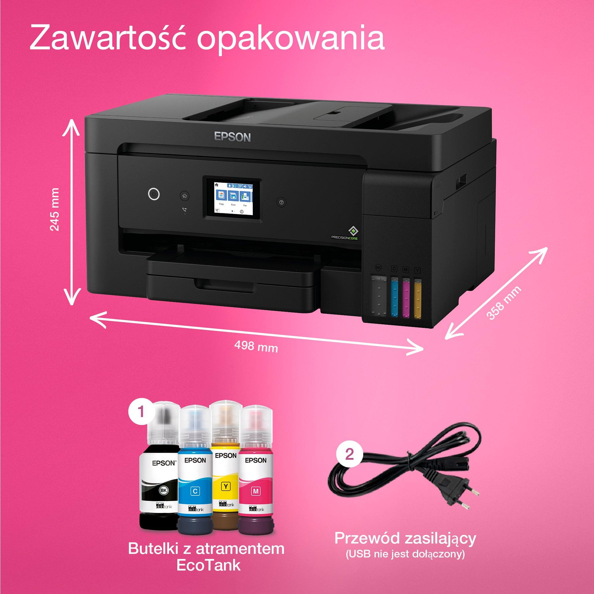 Wielofunkcyjna drukarka A3+ EcoTank L14150 z łącznością Wi-Fi i stałym zasilaniem w atrament z zapasem atramentu nawet na 3 lata w zestawie whats in the box