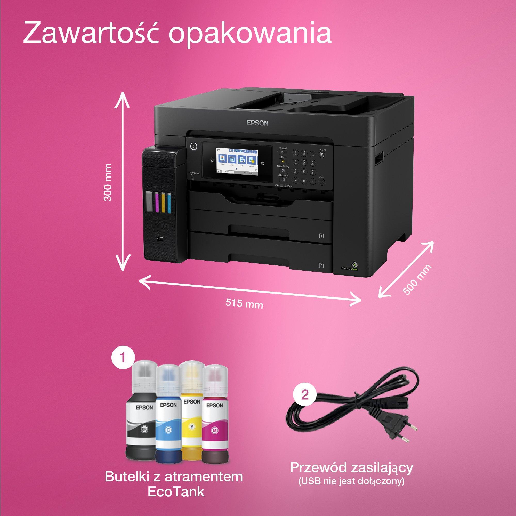 Wielofunkcyjna drukarka A3+ EcoTank L15160 z łącznością Wi-Fi, stałym zasilaniem w atrament i faksem whats in the box