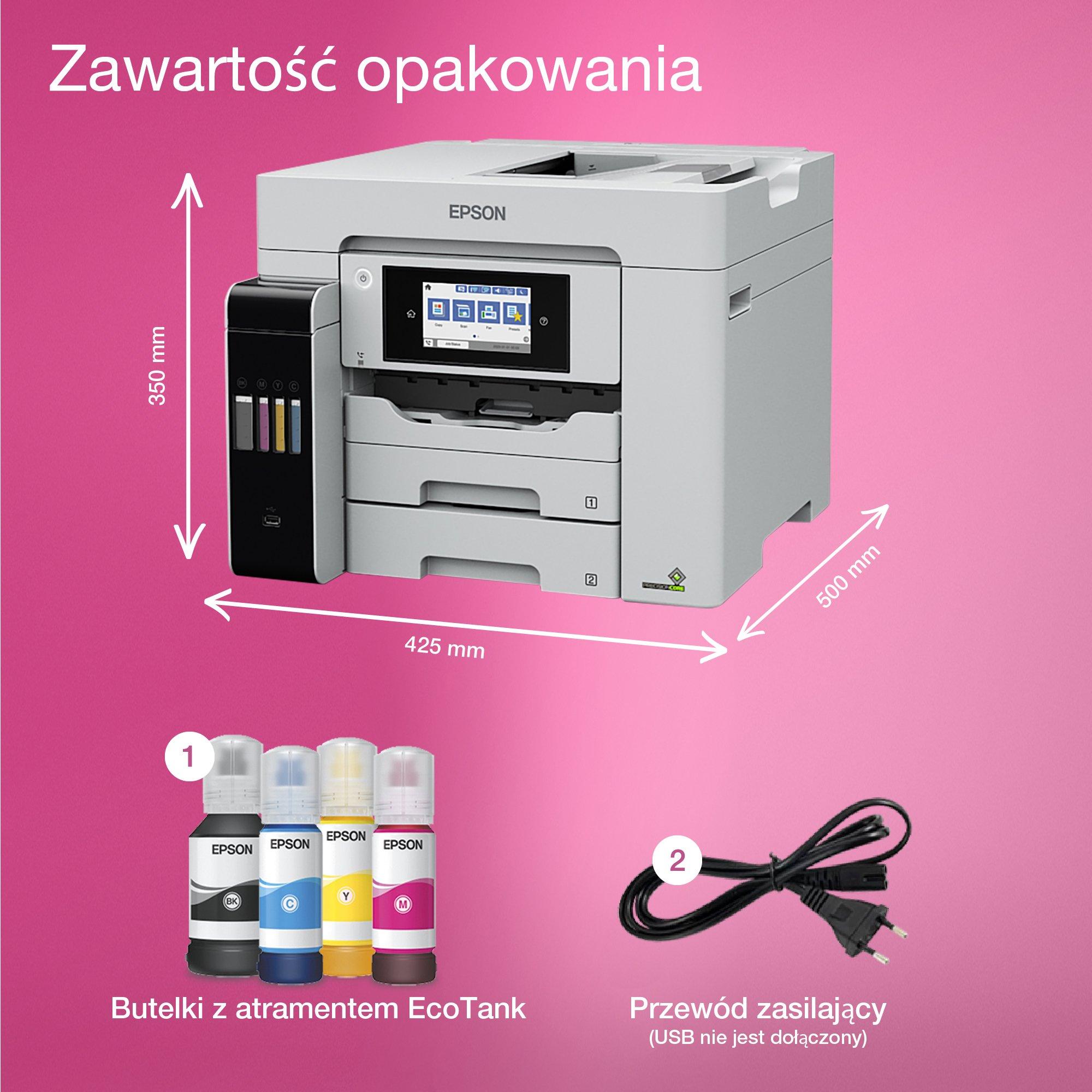 Wielofunkcyjna drukarka A4 EcoTank L6580 z łącznością Wi-Fi, stałym zasilaniem w atrament oraz funkcją skanowania, kopiowania i faksu whats in the box