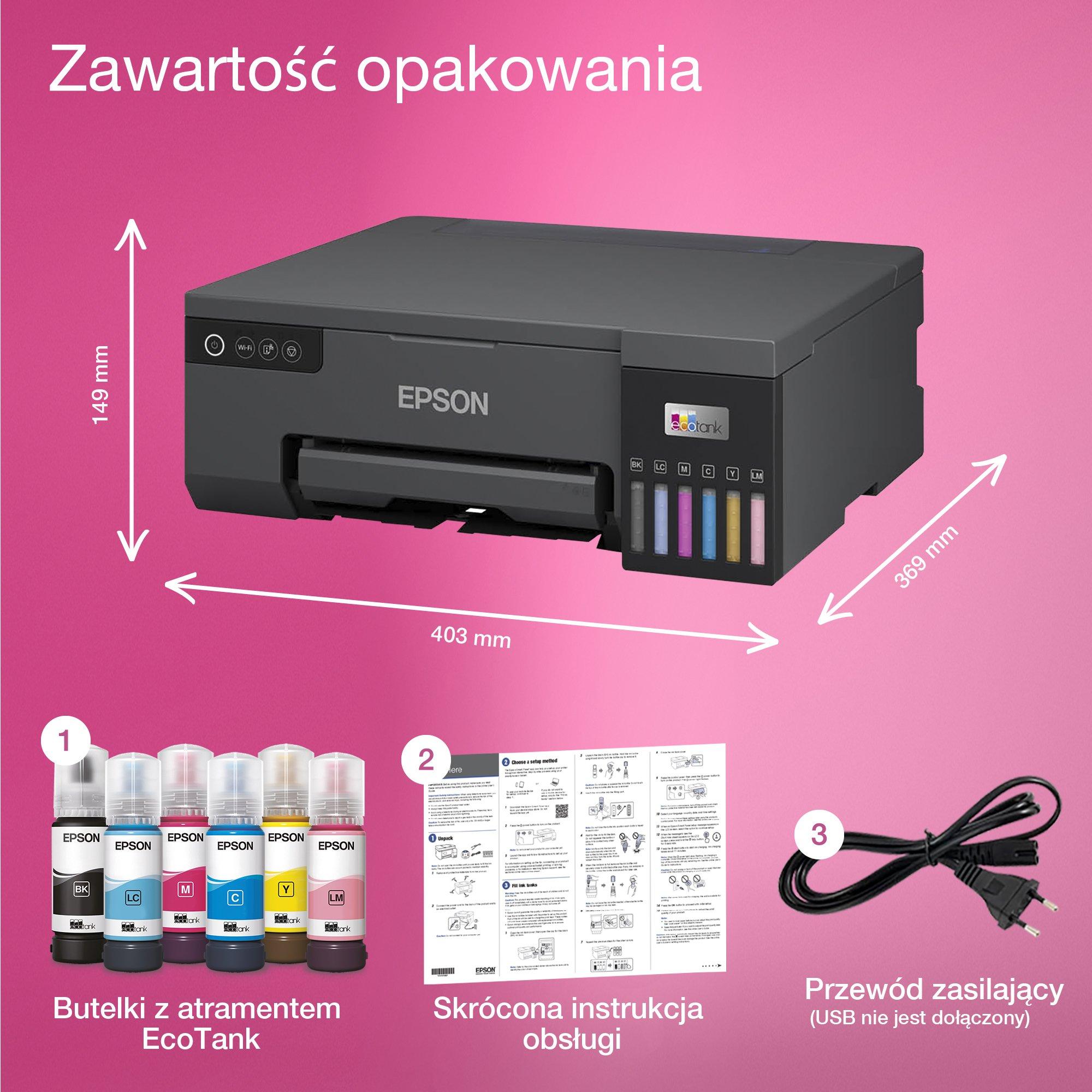 Drukarka fotograficzna A4 EcoTank L8050 z łącznością Wi-Fi i zbiornikiem na atrament whats in the box