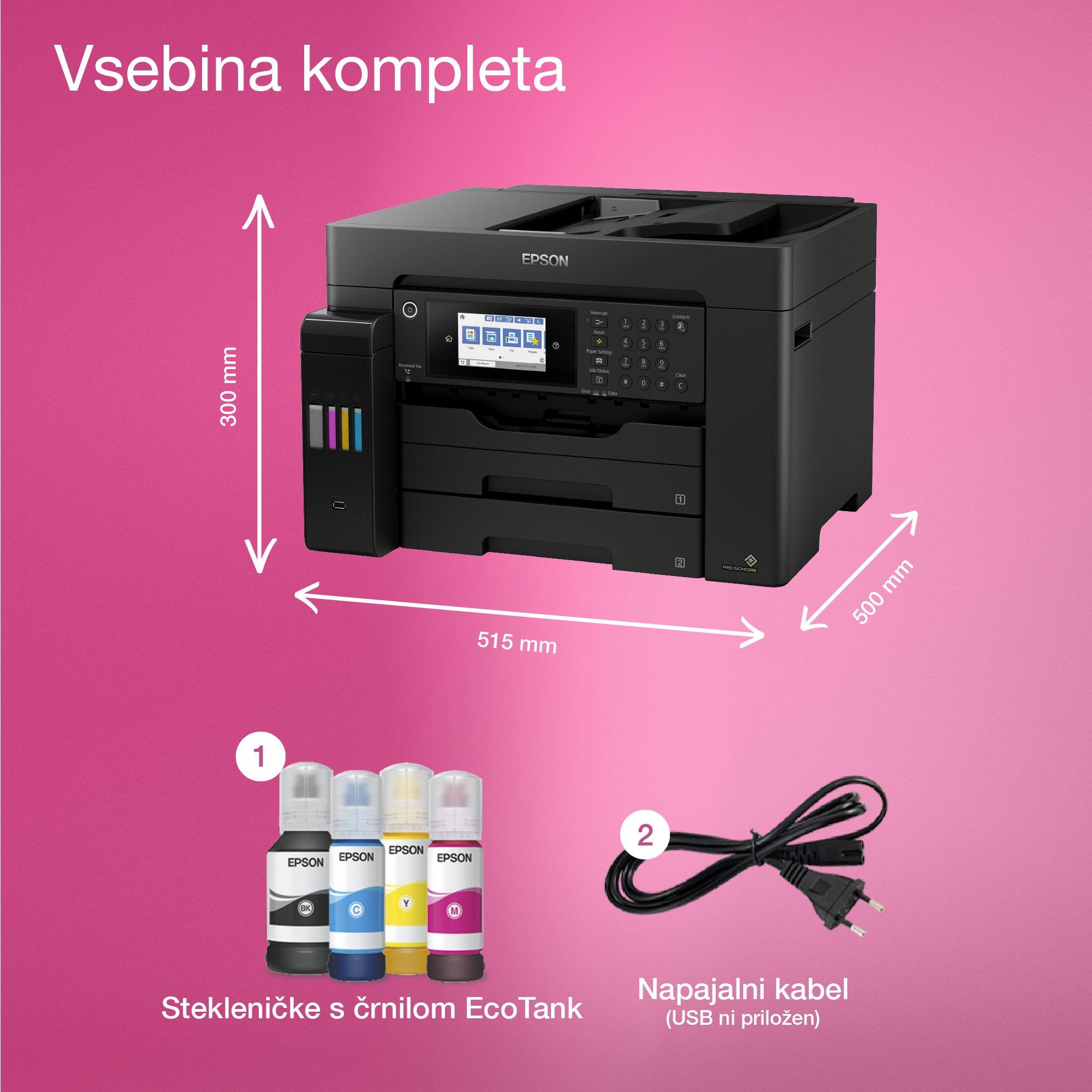 Večnamenski tiskalnik A3+ EcoTank L15160 s povezljivostjo Wi-Fi in sistemom posod s črnilom ter faksom whats in the box