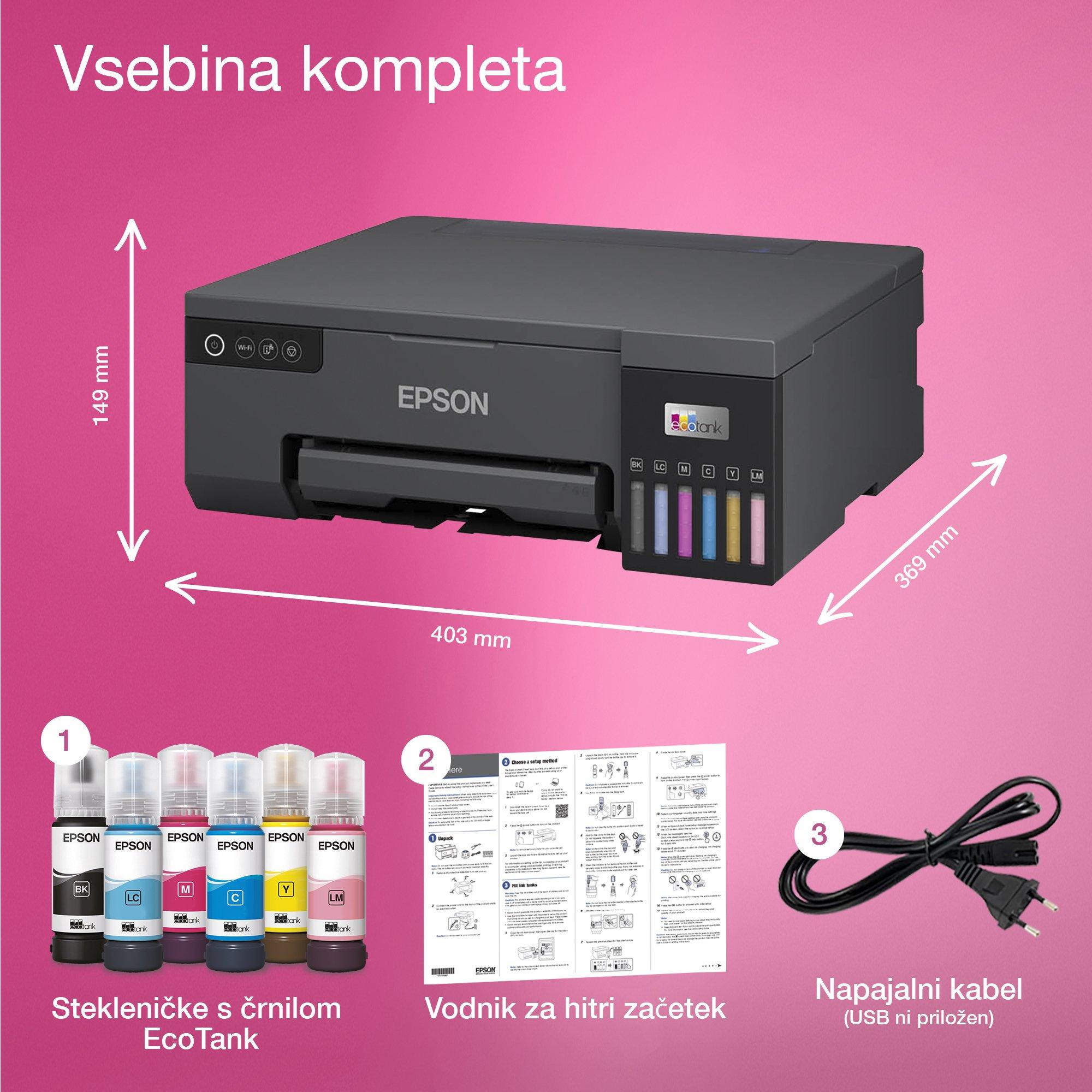 Tiskalnik fotografij A4 EcoTank L8050 s posodo s črnilom in povezljivostjo Wi-Fi whats in the box