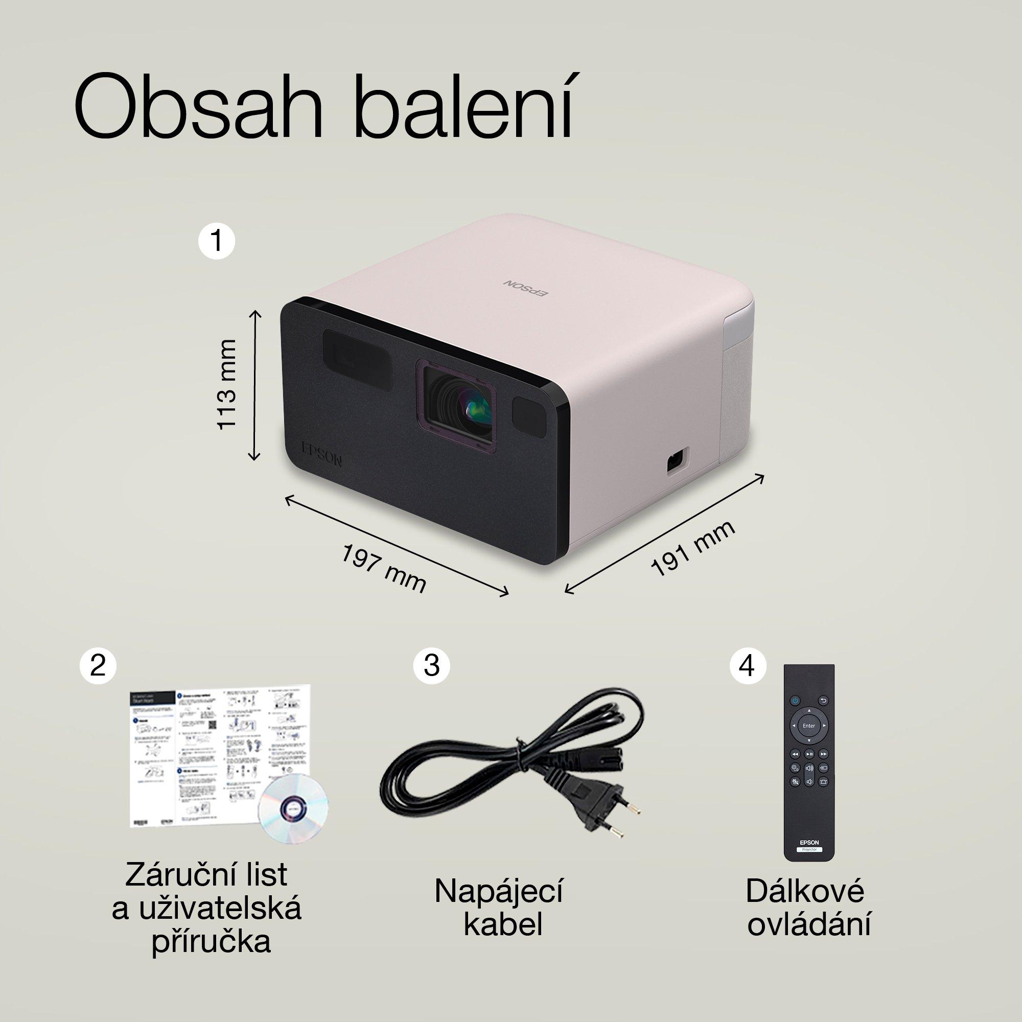 Epson EF-21R, Mini laserový projektor, 1 000 lumenů, obraz až 150 palců, Google TV™ a Bluetooth reproduktor, přenosný whats in the box
