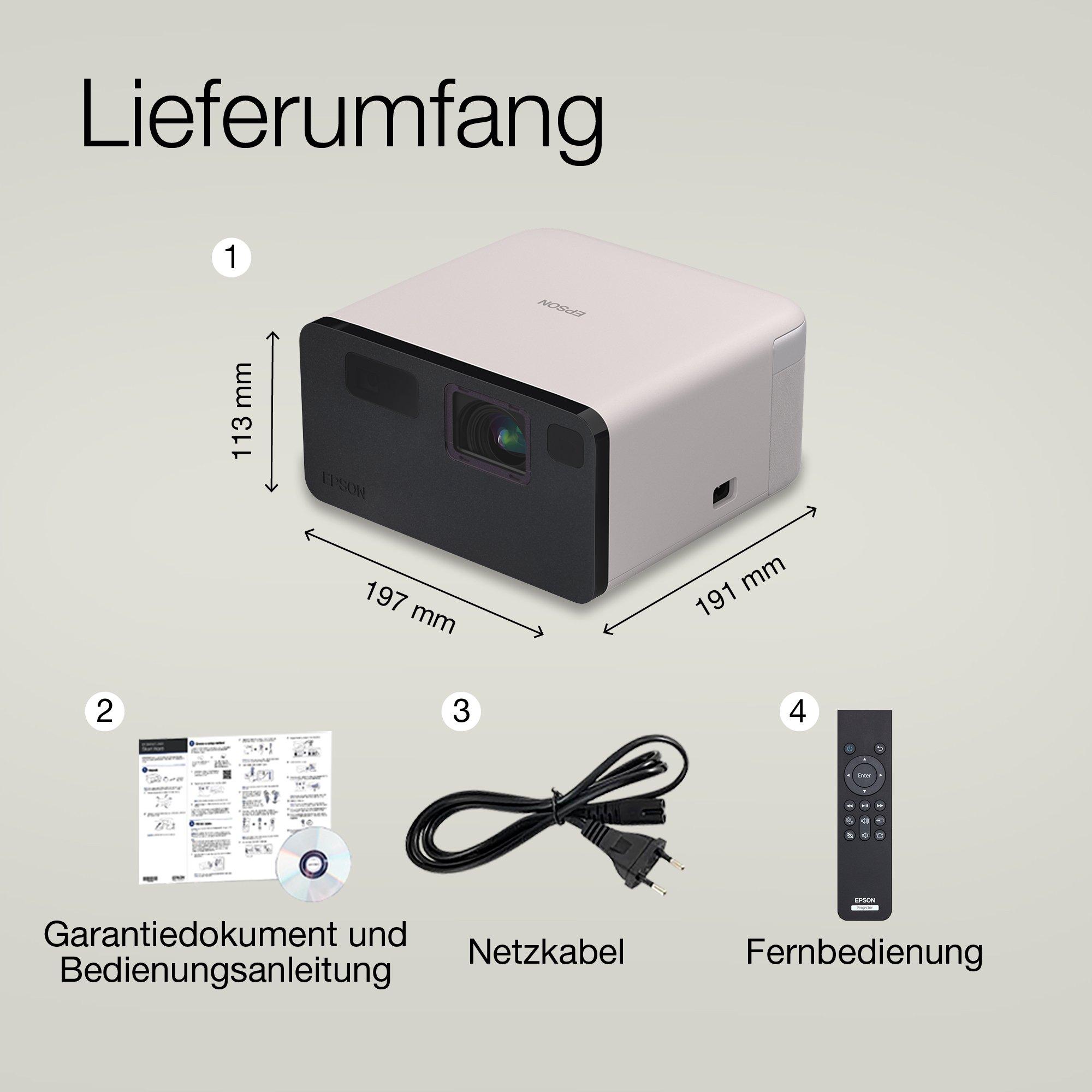 Epson EF-22N, Mini-Laserprojektor, 1.000 Lumen, Projektionsgröße bis zu 150 Zoll (3,81 m), Google TV™, Bluetooth-Lautsprecher, tragbar whats in the box