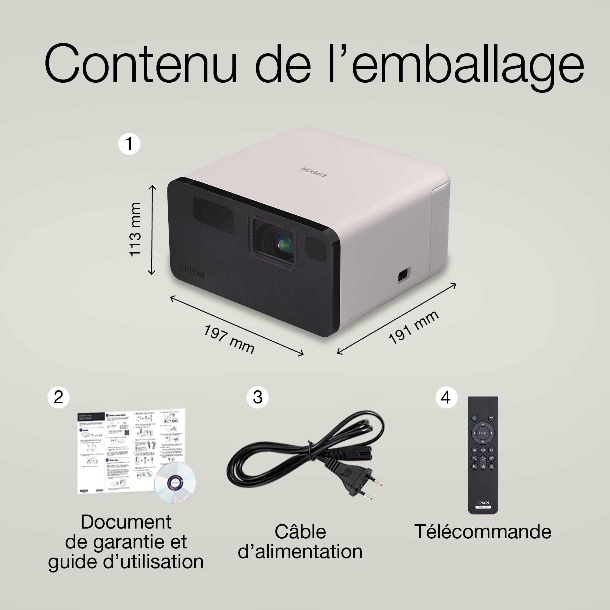 EF-22N, Mini projecteur laser, 1 000 lumens, Affichage jusqu’à 150 pouces, Google TV™ et haut-parleur Bluetooth, Portable whats in the box