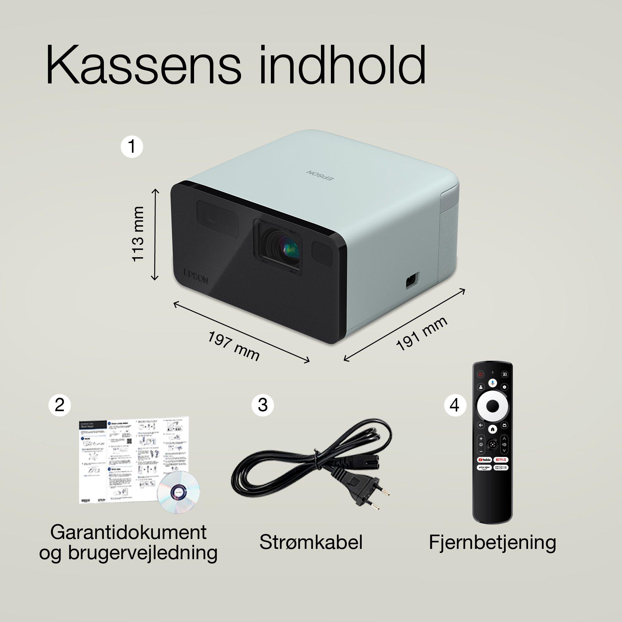 Epson EF-21G, Mini laserprojektor, 1.000 lumen, op til 150 tommer skærm, Google TV™ og Bluetooth-højttaler, bærbar whats in the box