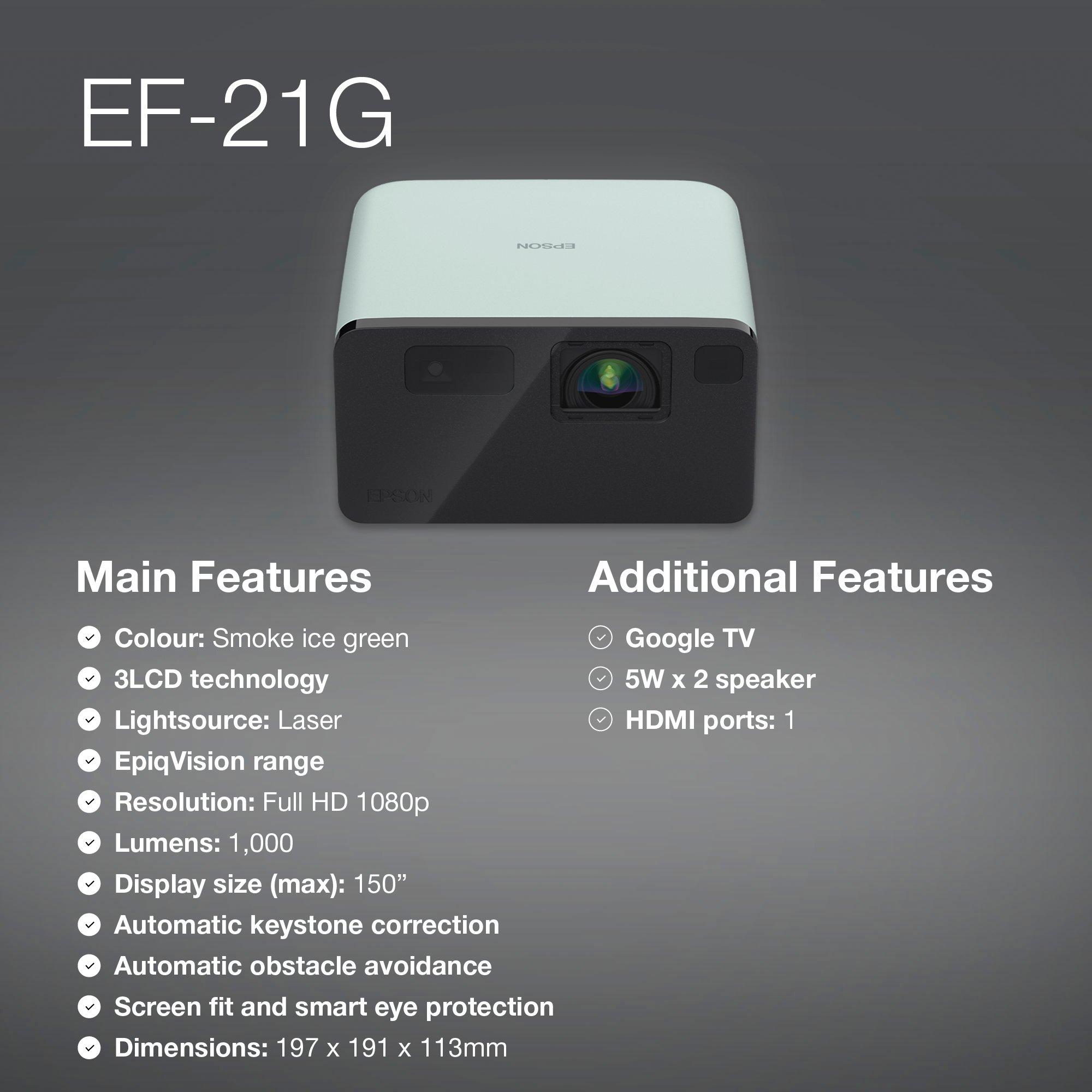 Epson EF-21G, Mini Laser Projector, 1,000 Lumens, Up To 150